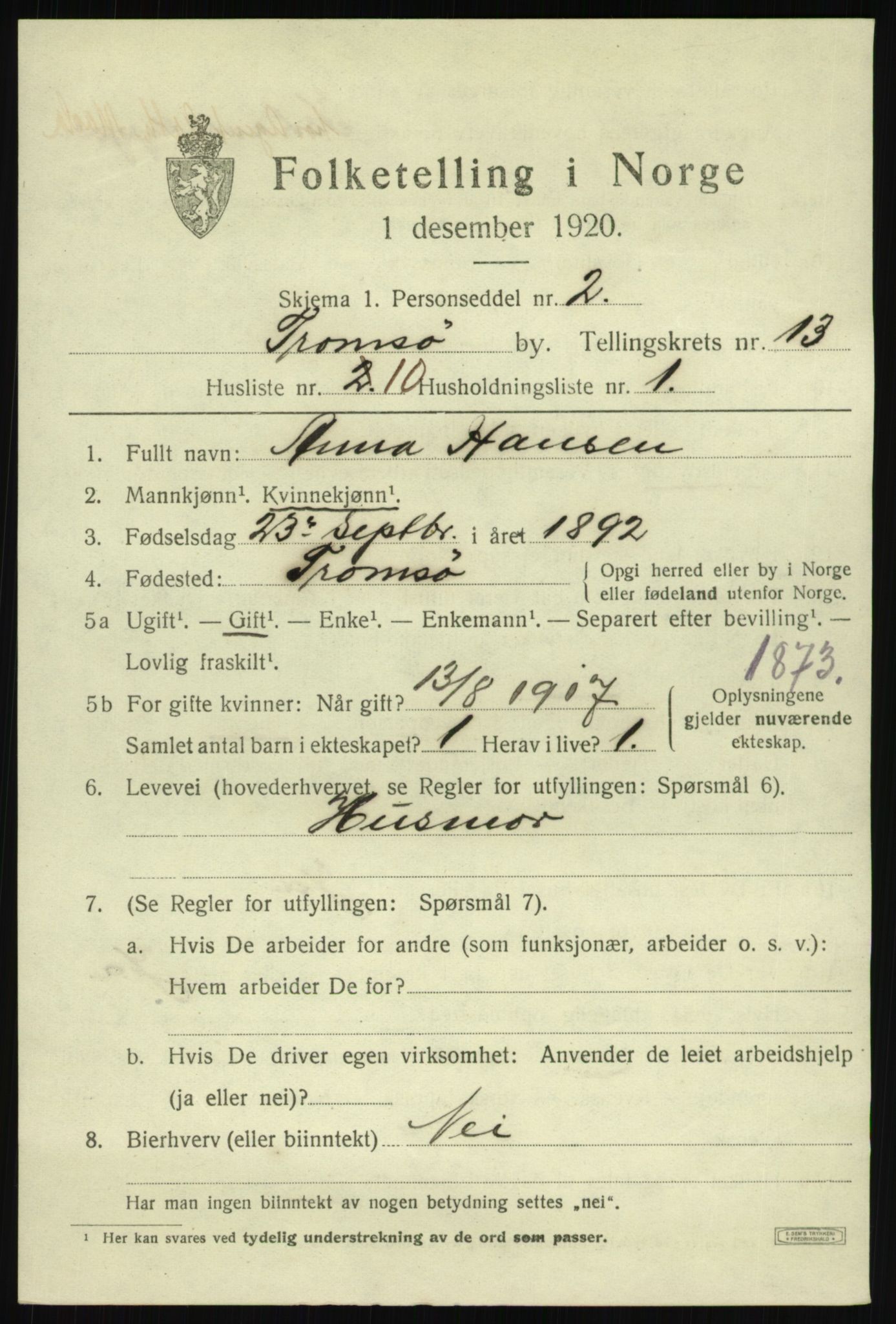 SATØ, 1920 census for Tromsø, 1920, p. 25135