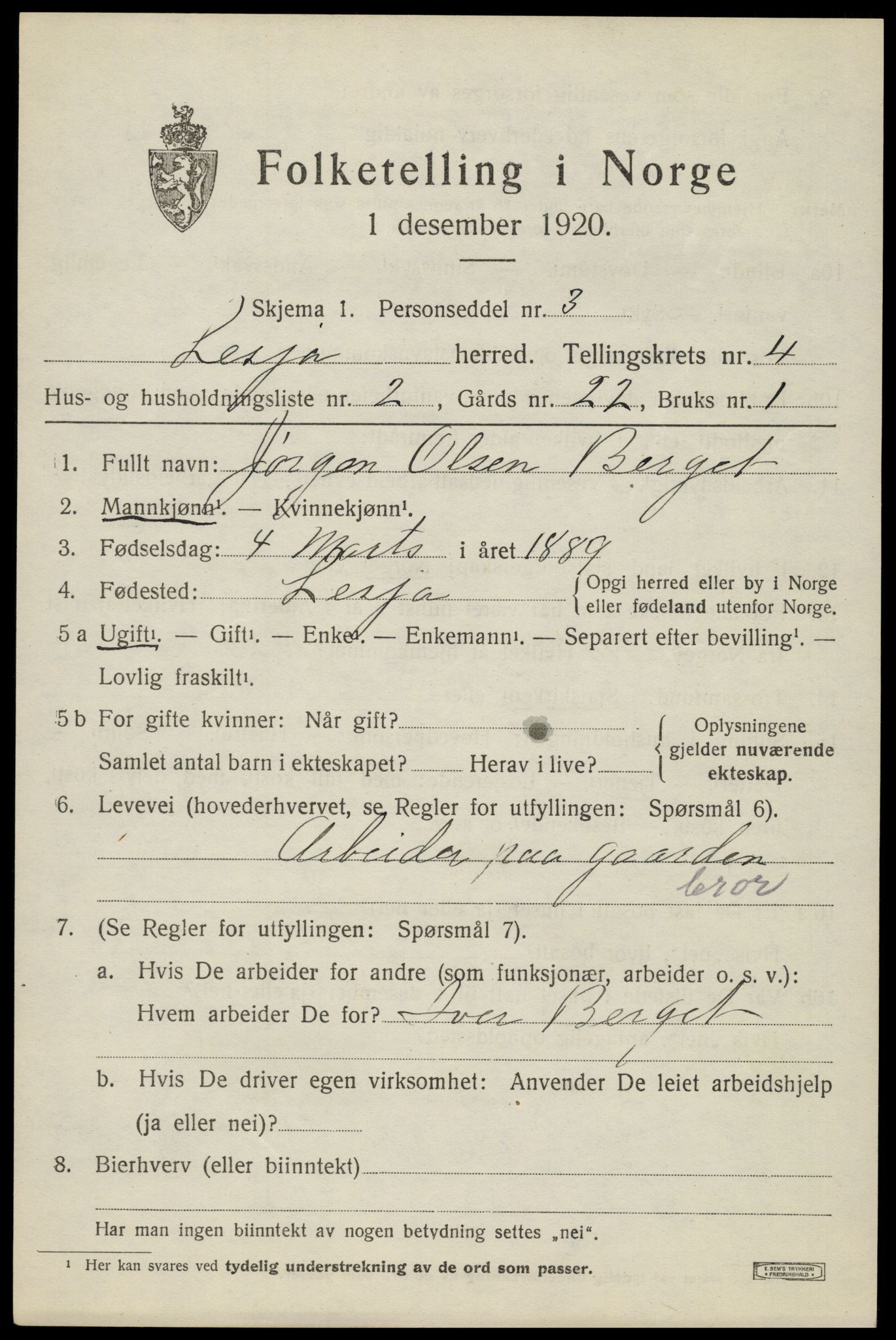 SAH, 1920 census for Lesja, 1920, p. 2536