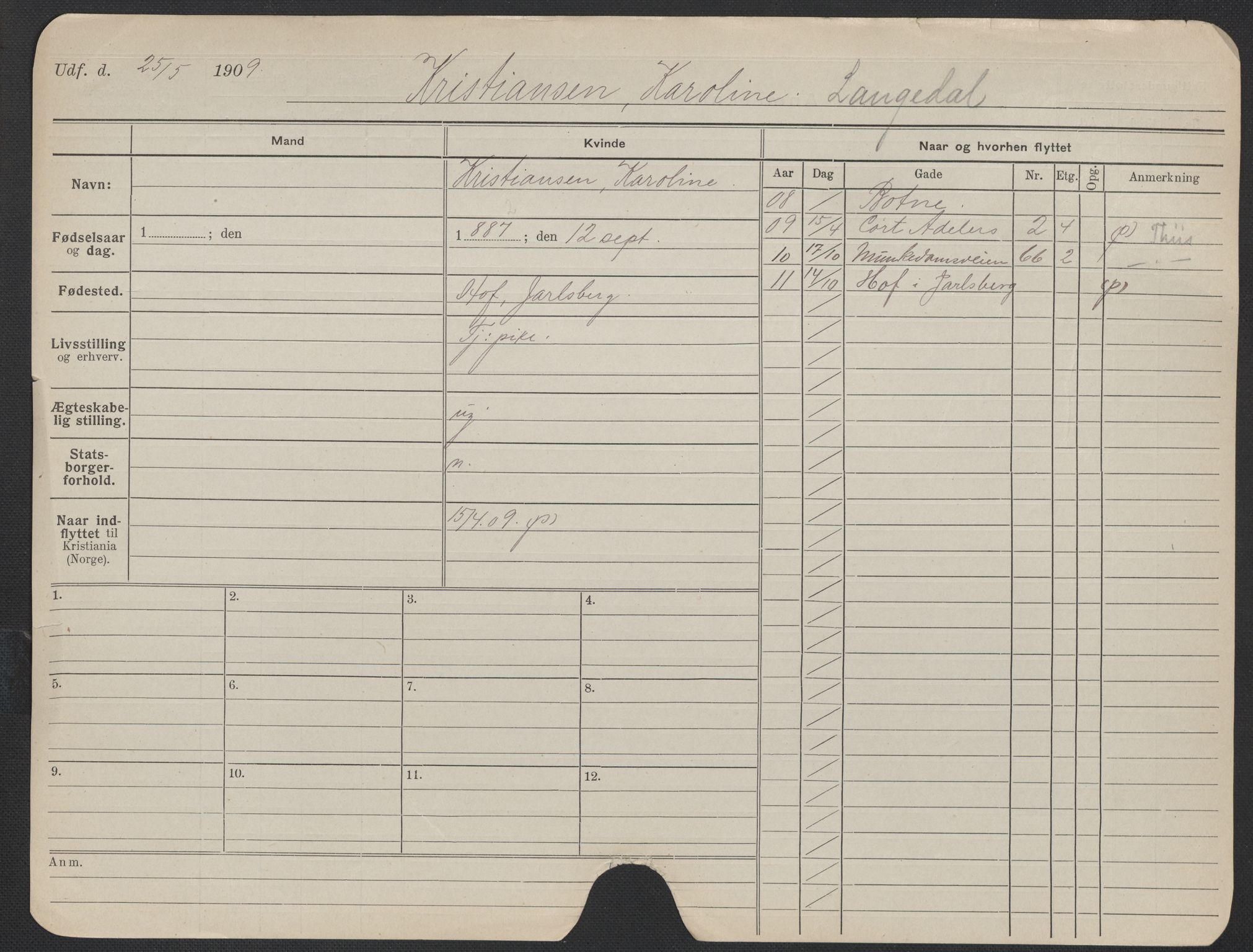 Oslo folkeregister, Registerkort, SAO/A-11715/F/Fa/Fac/L0019: Kvinner, 1906-1914, p. 352a