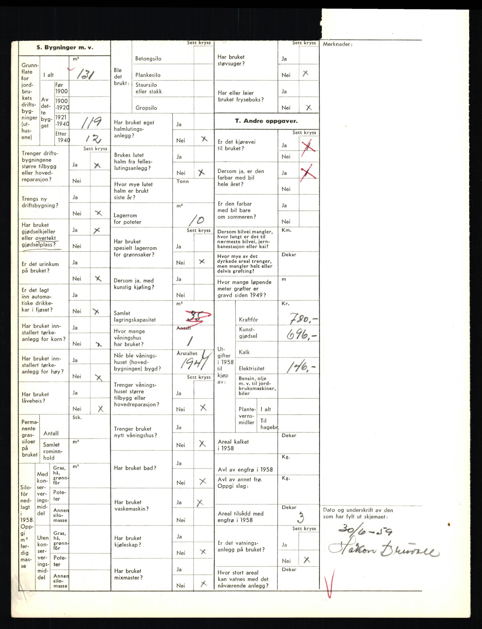 Statistisk sentralbyrå, Næringsøkonomiske emner, Jordbruk, skogbruk, jakt, fiske og fangst, AV/RA-S-2234/G/Gd/L0655: Troms: 1924 Målselv (kl. 4-10), 1959, p. 1186