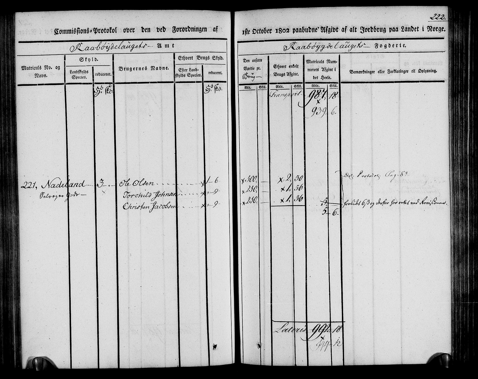 Rentekammeret inntil 1814, Realistisk ordnet avdeling, AV/RA-EA-4070/N/Ne/Nea/L0084: Råbyggelag fogderi. Kommisjonsprotokoll for Vestre Råbyggelagets sorenskriveri, 1803, p. 224