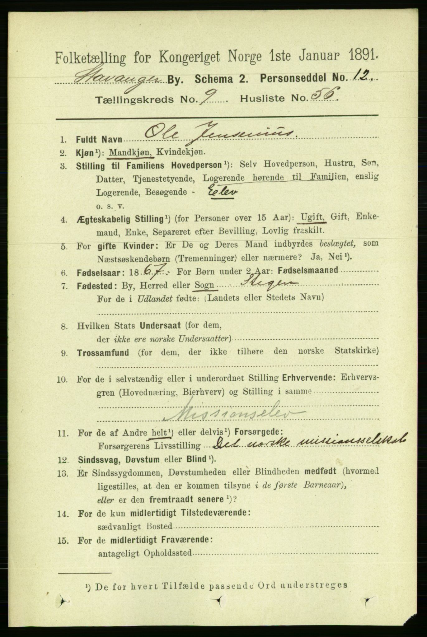 RA, 1891 census for 1103 Stavanger, 1891, p. 13198