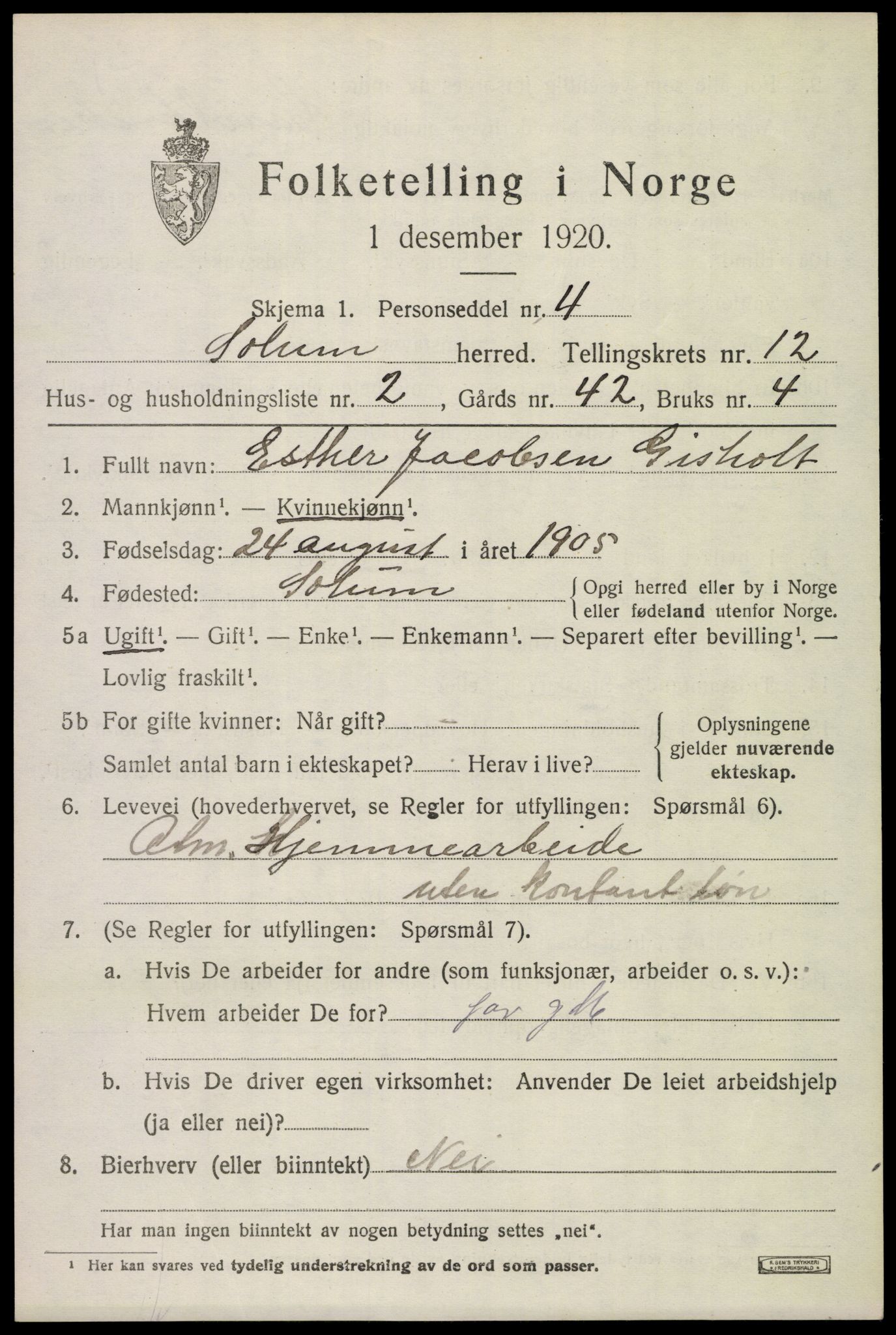 SAKO, 1920 census for Solum, 1920, p. 17038