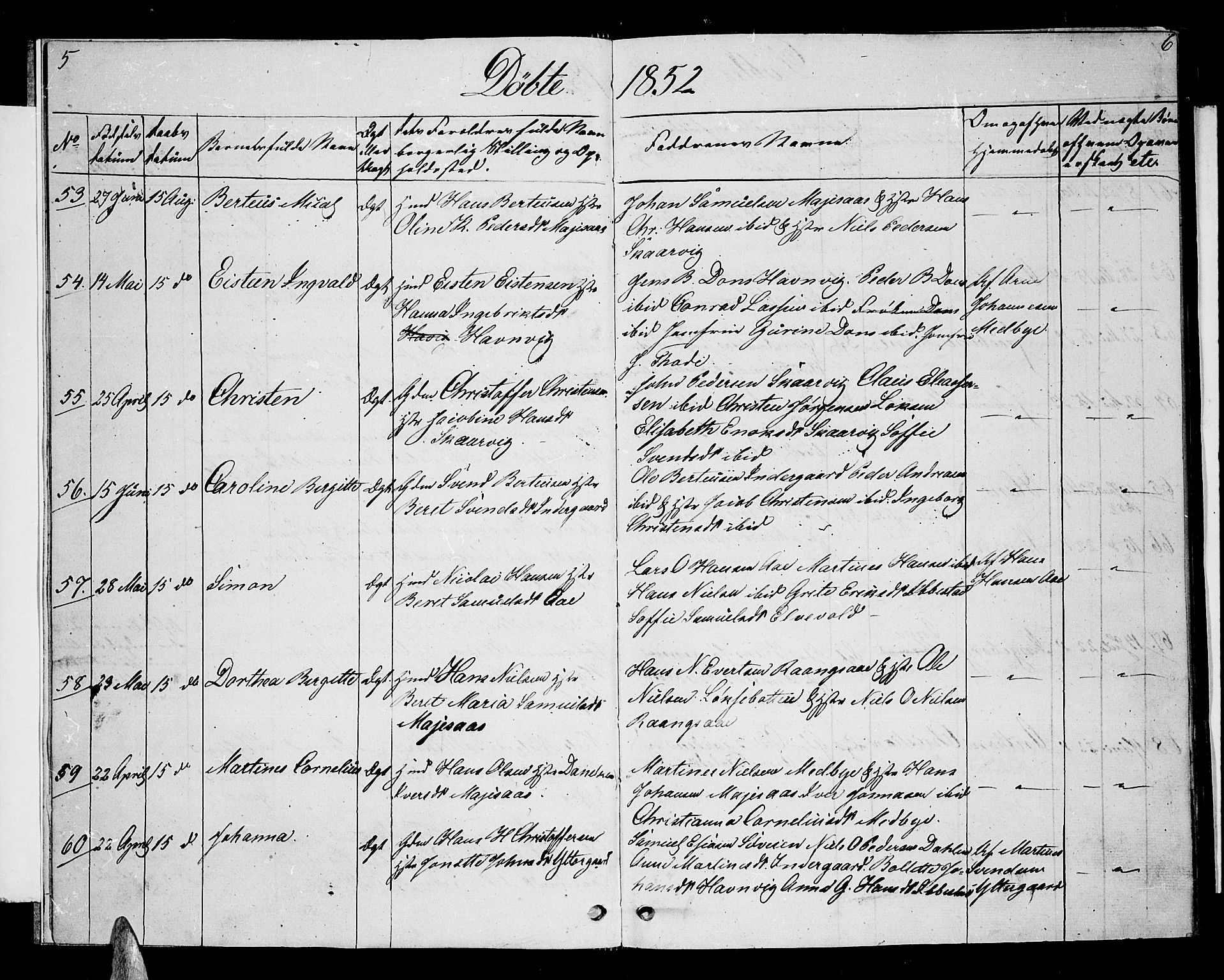 Ibestad sokneprestembete, SATØ/S-0077/H/Ha/Hab/L0004klokker: Parish register (copy) no. 4, 1852-1860, p. 5-6