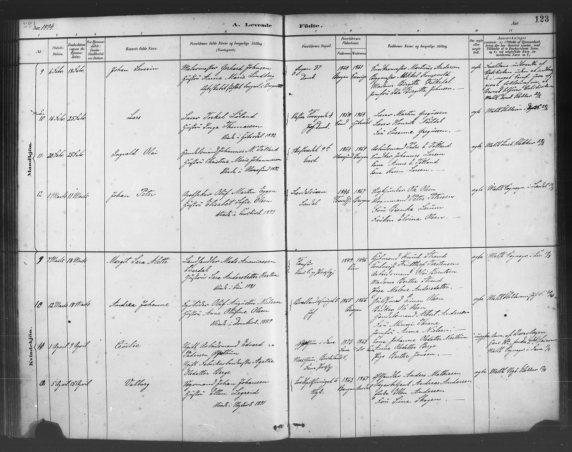 Fødselsstiftelsens sokneprestembete*, SAB/-: Parish register (official) no. A 2, 1884-1900, p. 123