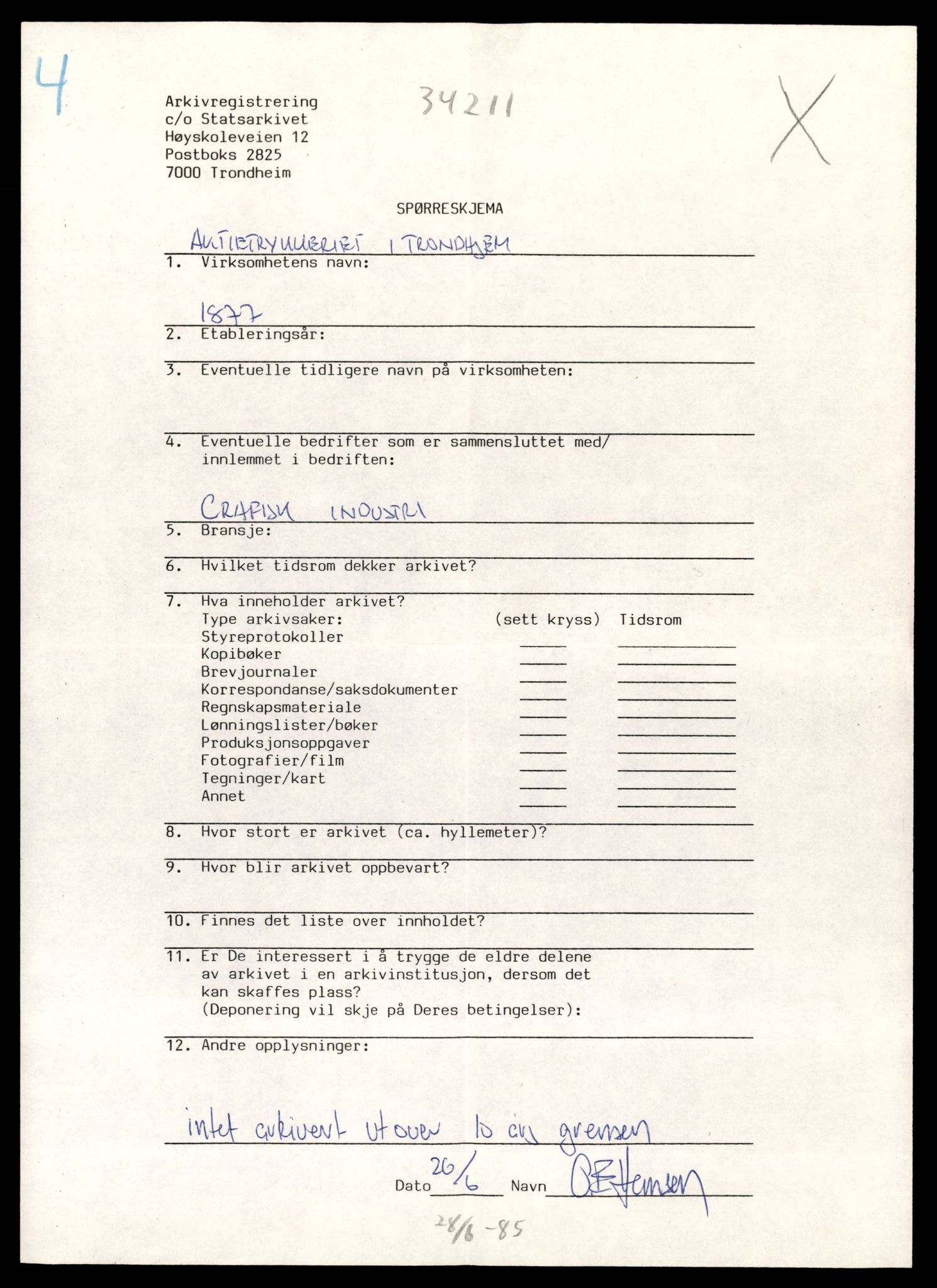 Statsarkivet i Trondheim, AV/SAT-A-4183/E/Ec/Ecb/L0004: Bedrifts-/privatarkivregistrering, 1984-1986, p. 3