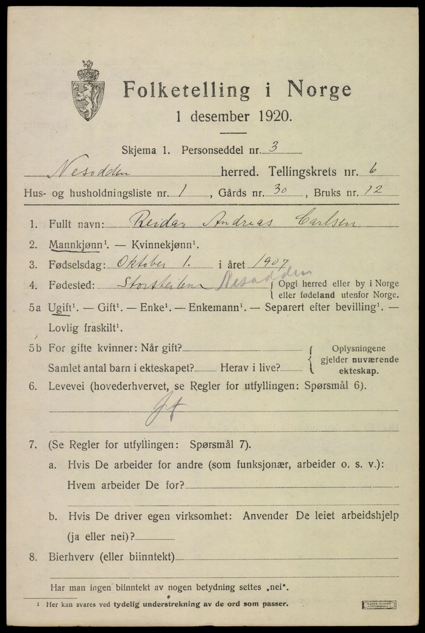 SAO, 1920 census for Nesodden, 1920, p. 5351