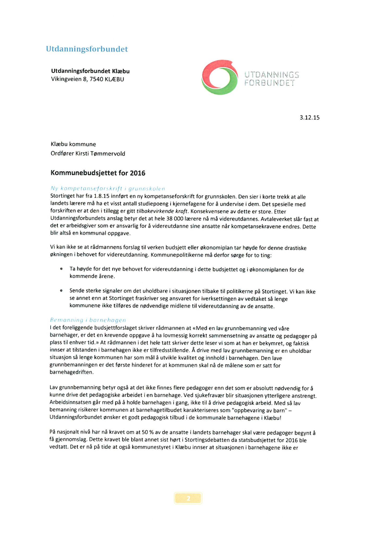 Klæbu Kommune, TRKO/KK/04-UO/L007: Utvalg for oppvekst - Møtedokumenter, 2016