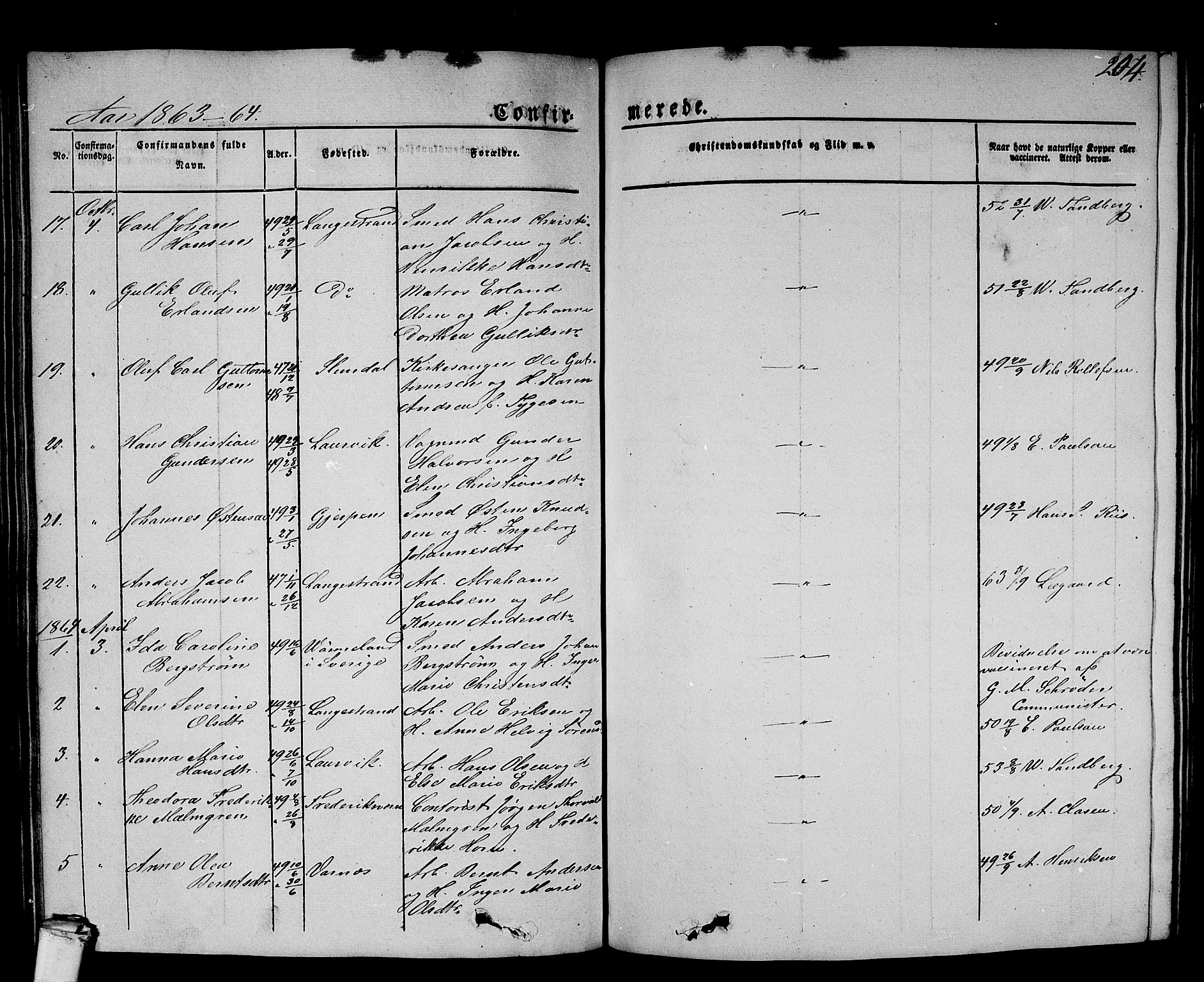 Larvik kirkebøker, SAKO/A-352/G/Gb/L0002: Parish register (copy) no. II 2, 1843-1866, p. 204