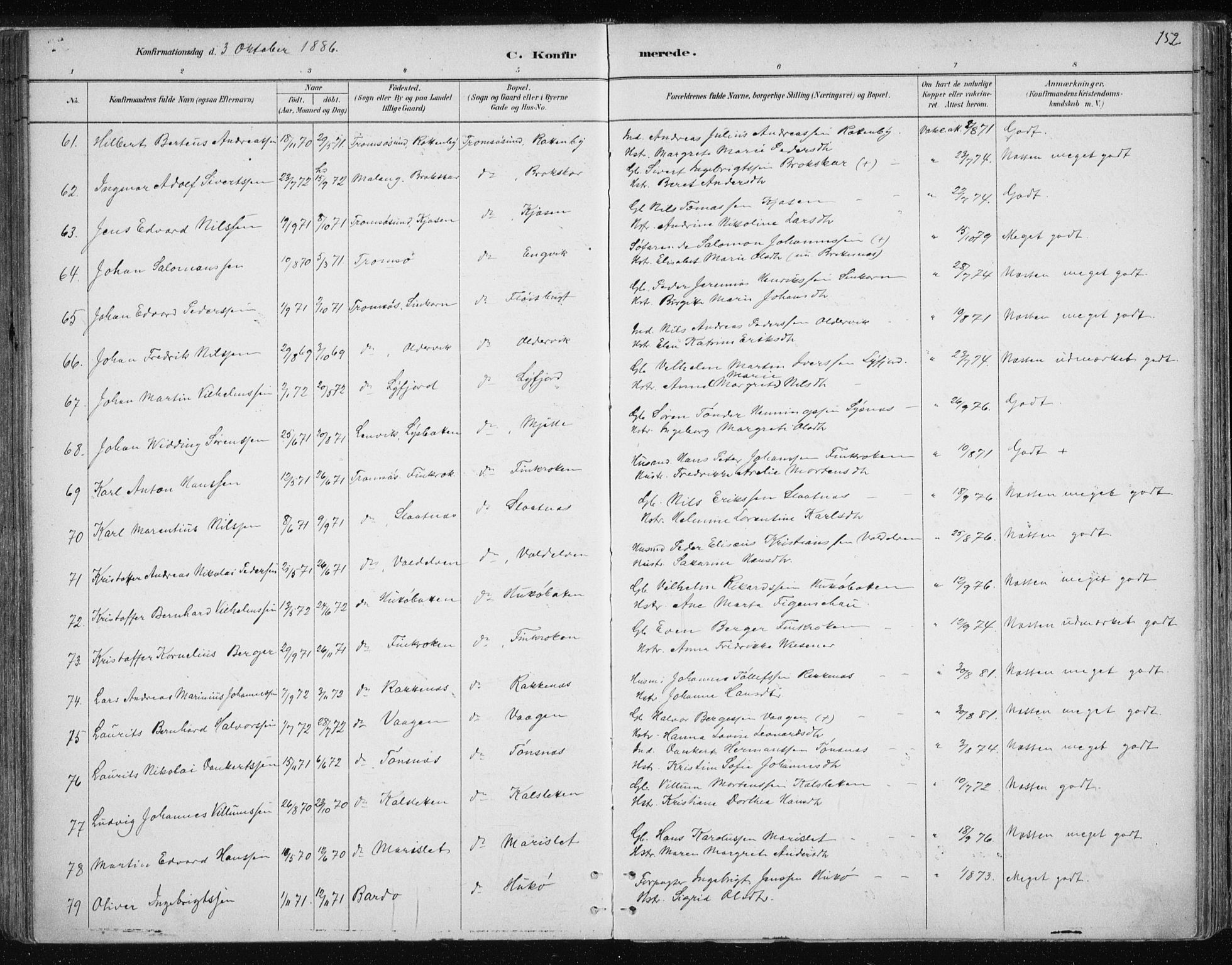 Tromsøysund sokneprestkontor, SATØ/S-1304/G/Ga/L0004kirke: Parish register (official) no. 4, 1880-1888, p. 152