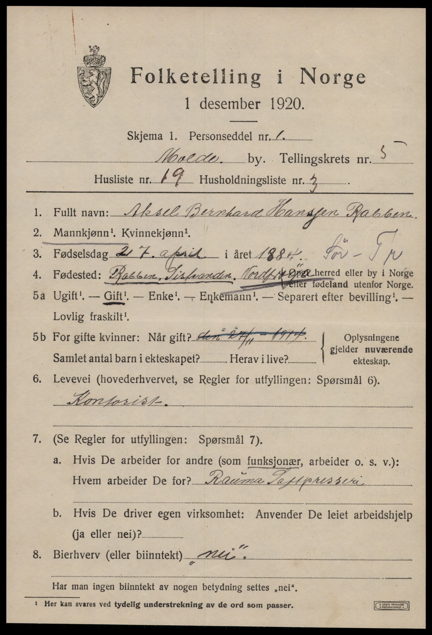 SAT, 1920 census for Molde, 1920, p. 7019