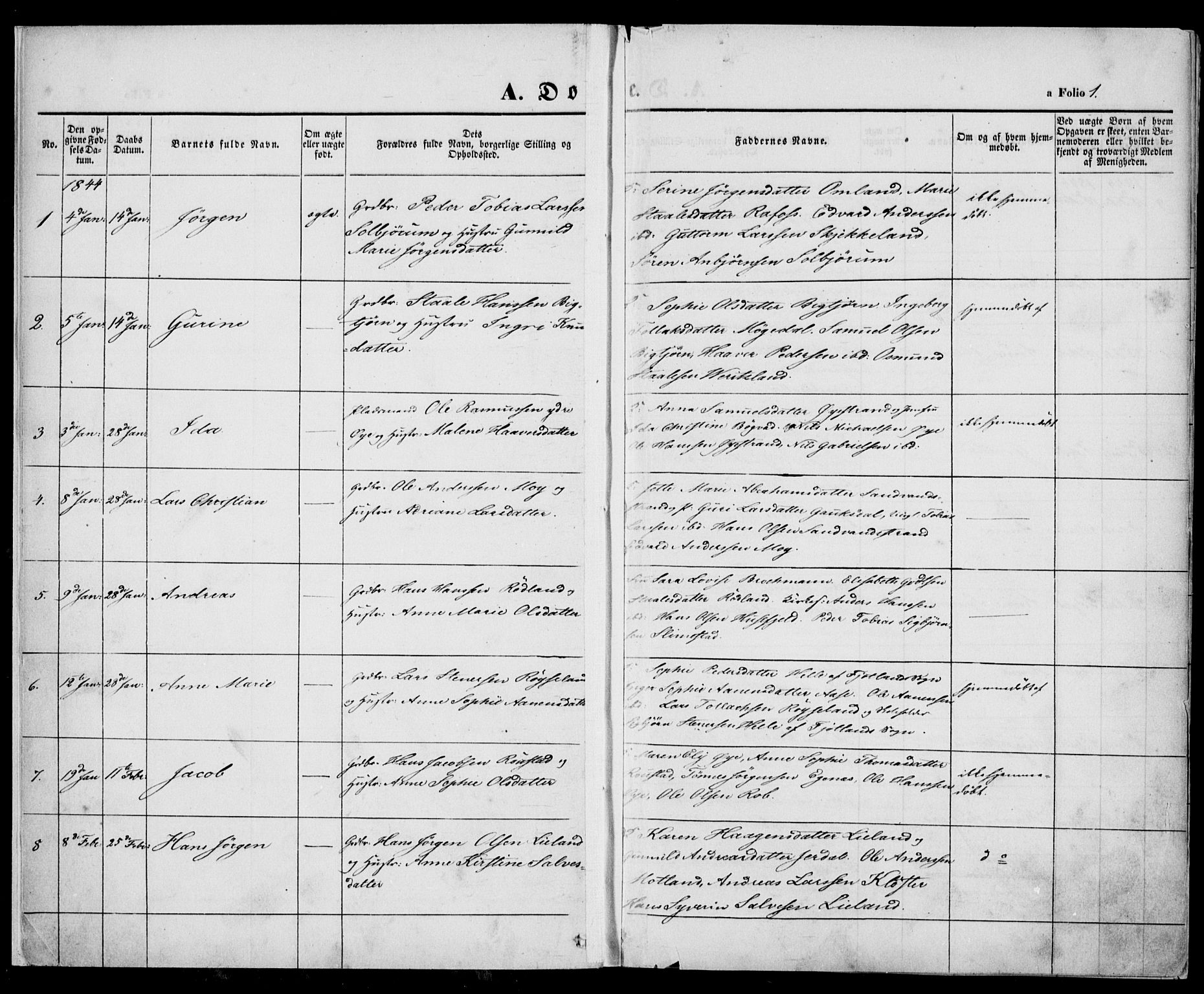 Kvinesdal sokneprestkontor, SAK/1111-0026/F/Fa/Fab/L0005: Parish register (official) no. A 5, 1844-1857, p. 1