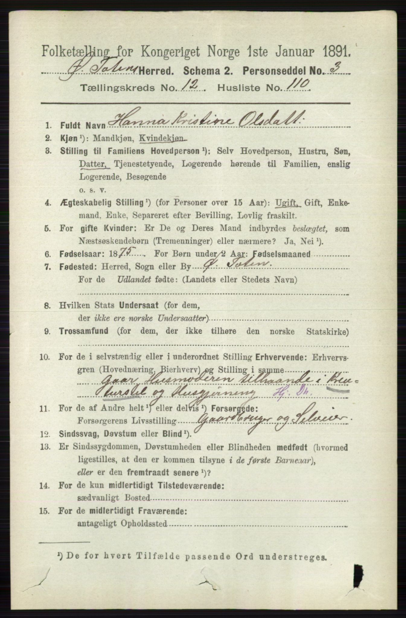 RA, 1891 census for 0528 Østre Toten, 1891, p. 8334