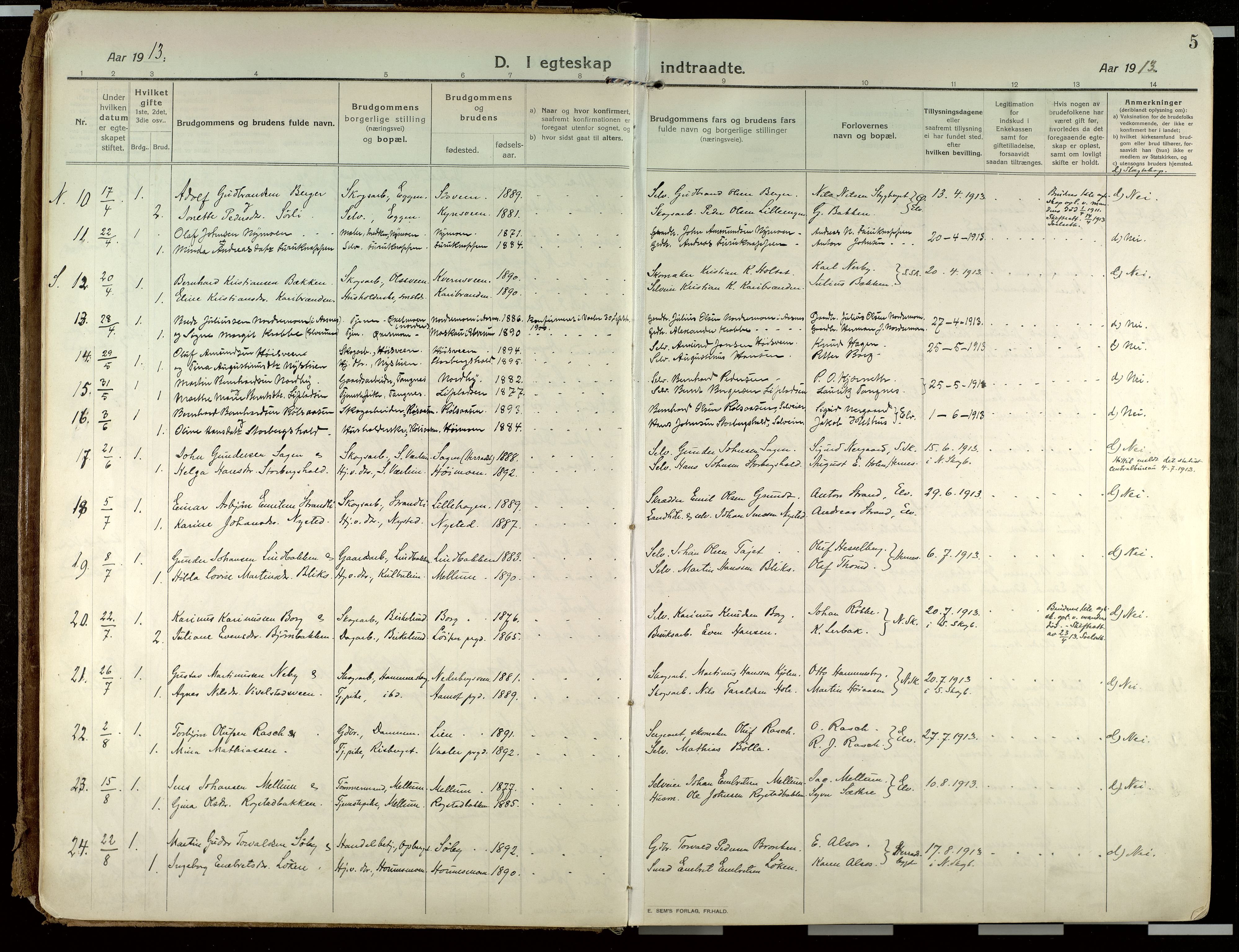 Elverum prestekontor, AV/SAH-PREST-044/H/Ha/Haa/L0021: Parish register (official) no. 21, 1913-1928, p. 5