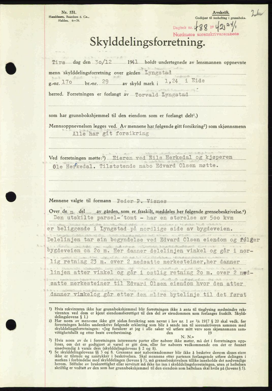 Nordmøre sorenskriveri, AV/SAT-A-4132/1/2/2Ca: Mortgage book no. A92, 1942-1942, Diary no: : 488/1942