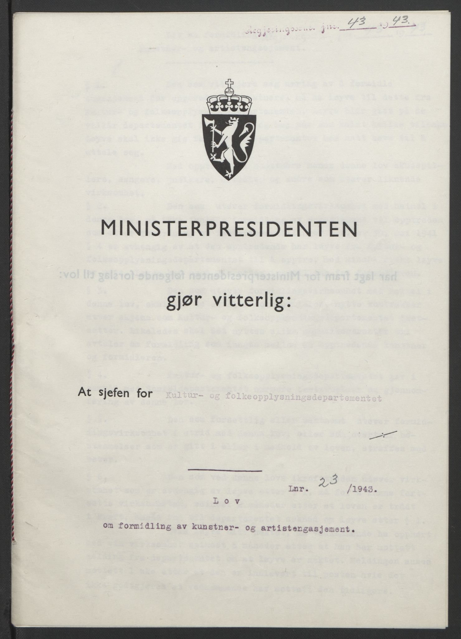 NS-administrasjonen 1940-1945 (Statsrådsekretariatet, de kommisariske statsråder mm), RA/S-4279/D/Db/L0099: Lover, 1943, p. 93