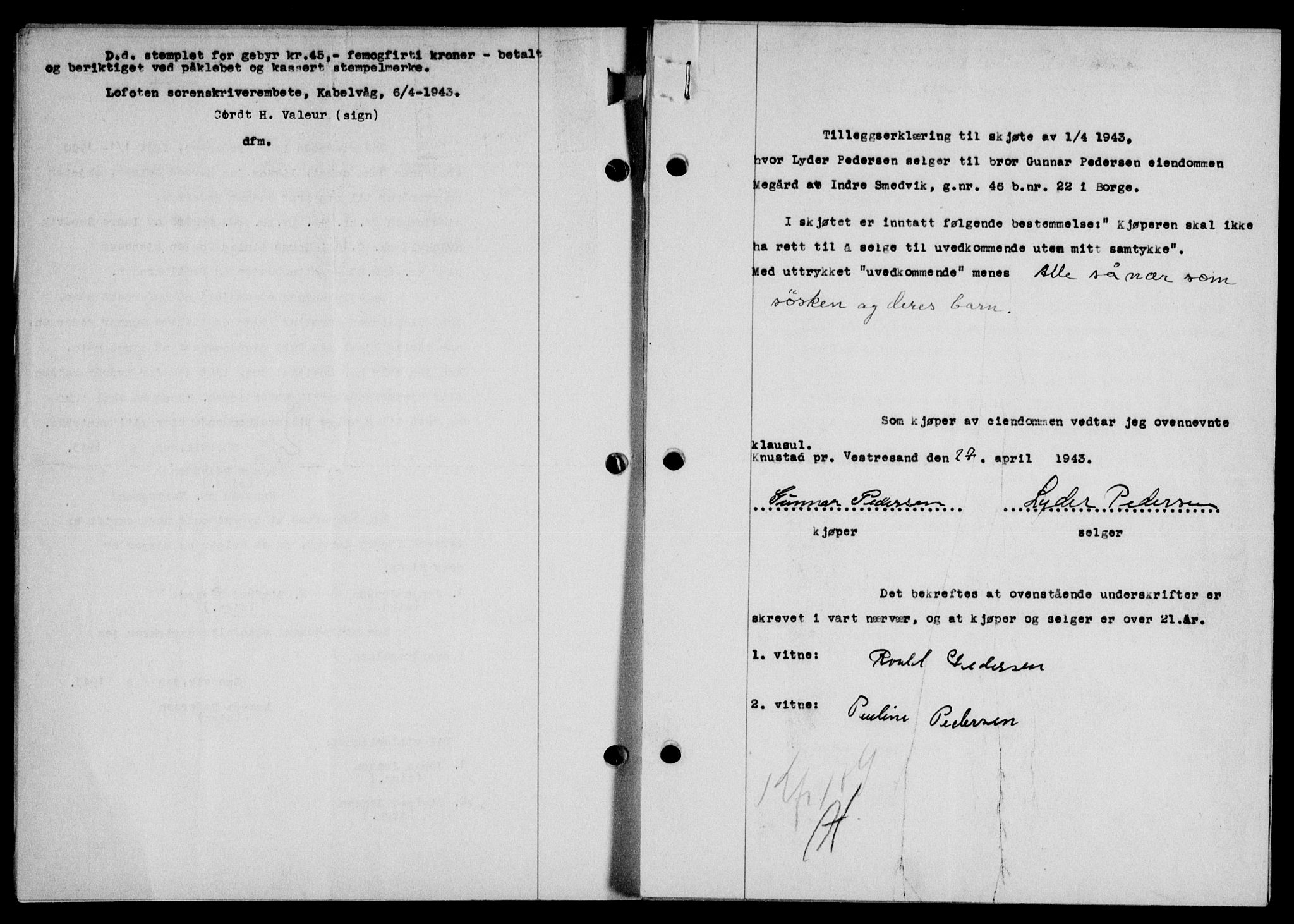 Lofoten sorenskriveri, SAT/A-0017/1/2/2C/L0011a: Mortgage book no. 11a, 1943-1943, Diary no: : 452/1943