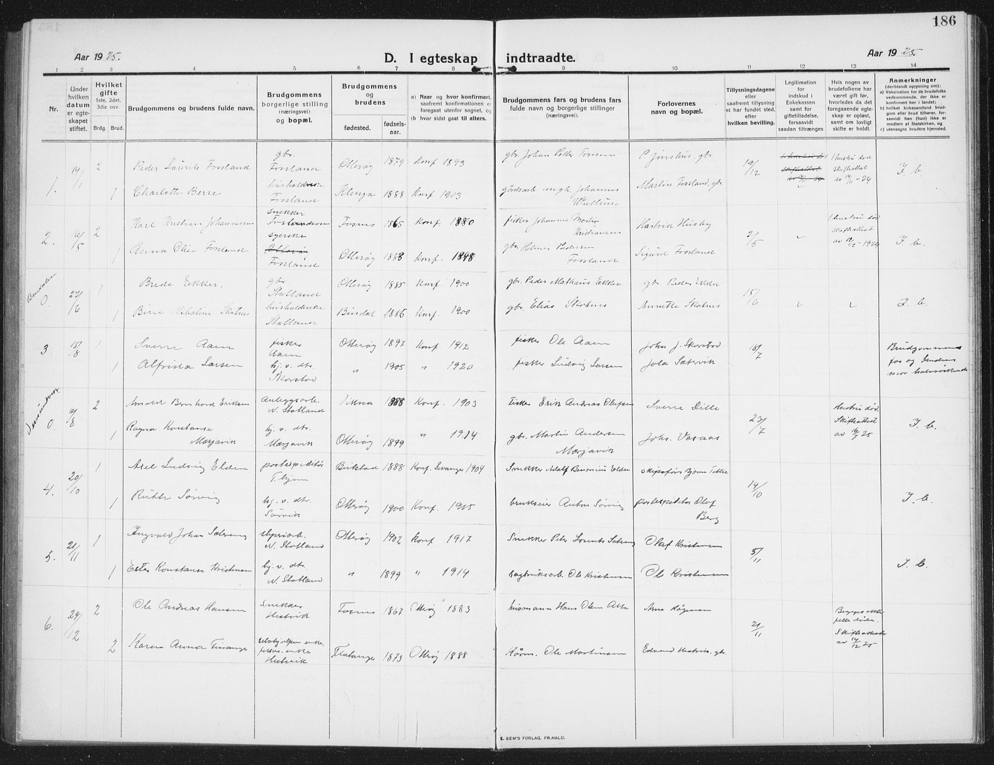 Ministerialprotokoller, klokkerbøker og fødselsregistre - Nord-Trøndelag, SAT/A-1458/774/L0630: Parish register (copy) no. 774C01, 1910-1934, p. 186