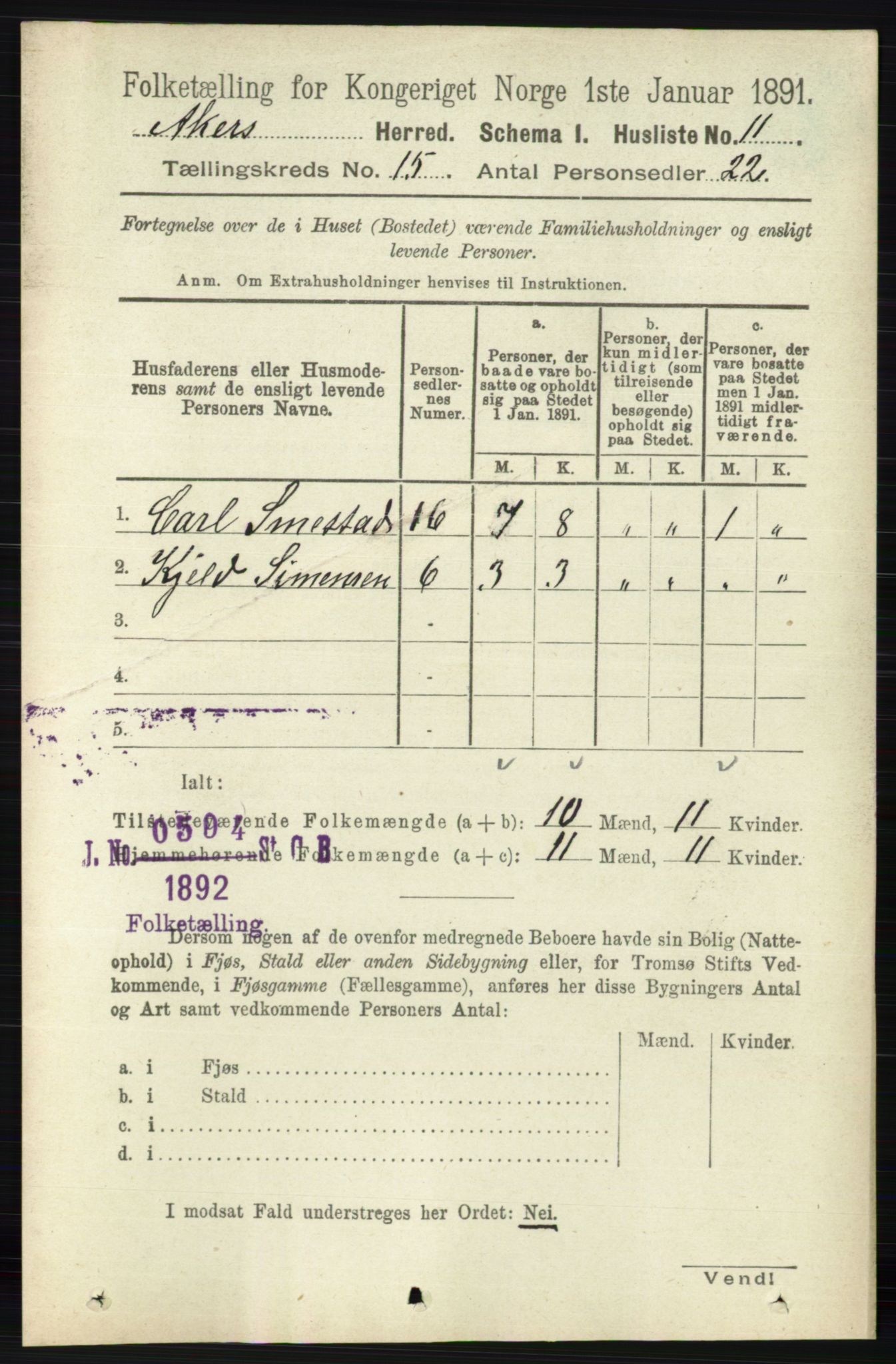 RA, 1891 census for 0218 Aker, 1891, p. 13262