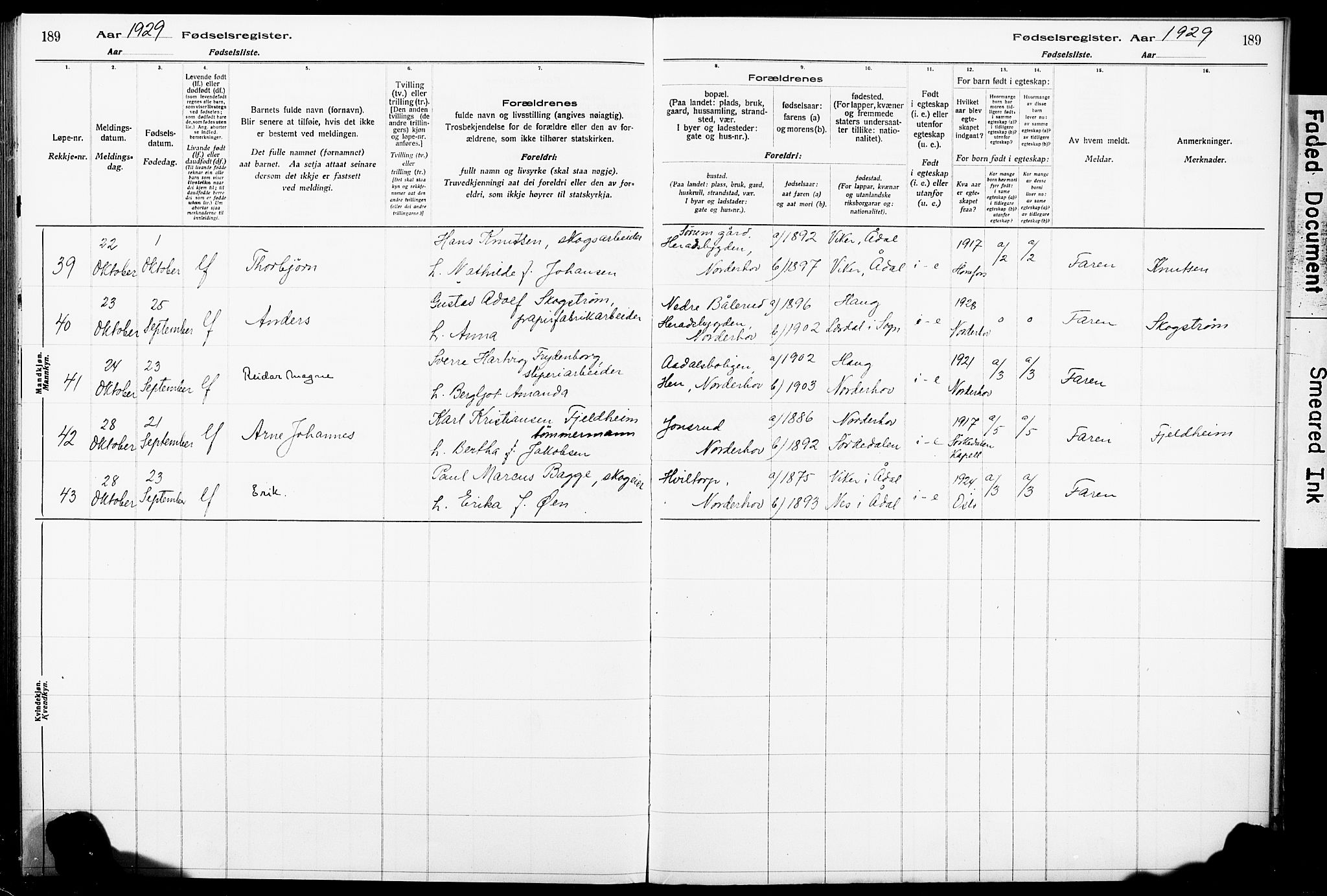 Norderhov kirkebøker, AV/SAKO-A-237/J/Ja/L0001: Birth register no. 1, 1916-1930, p. 189