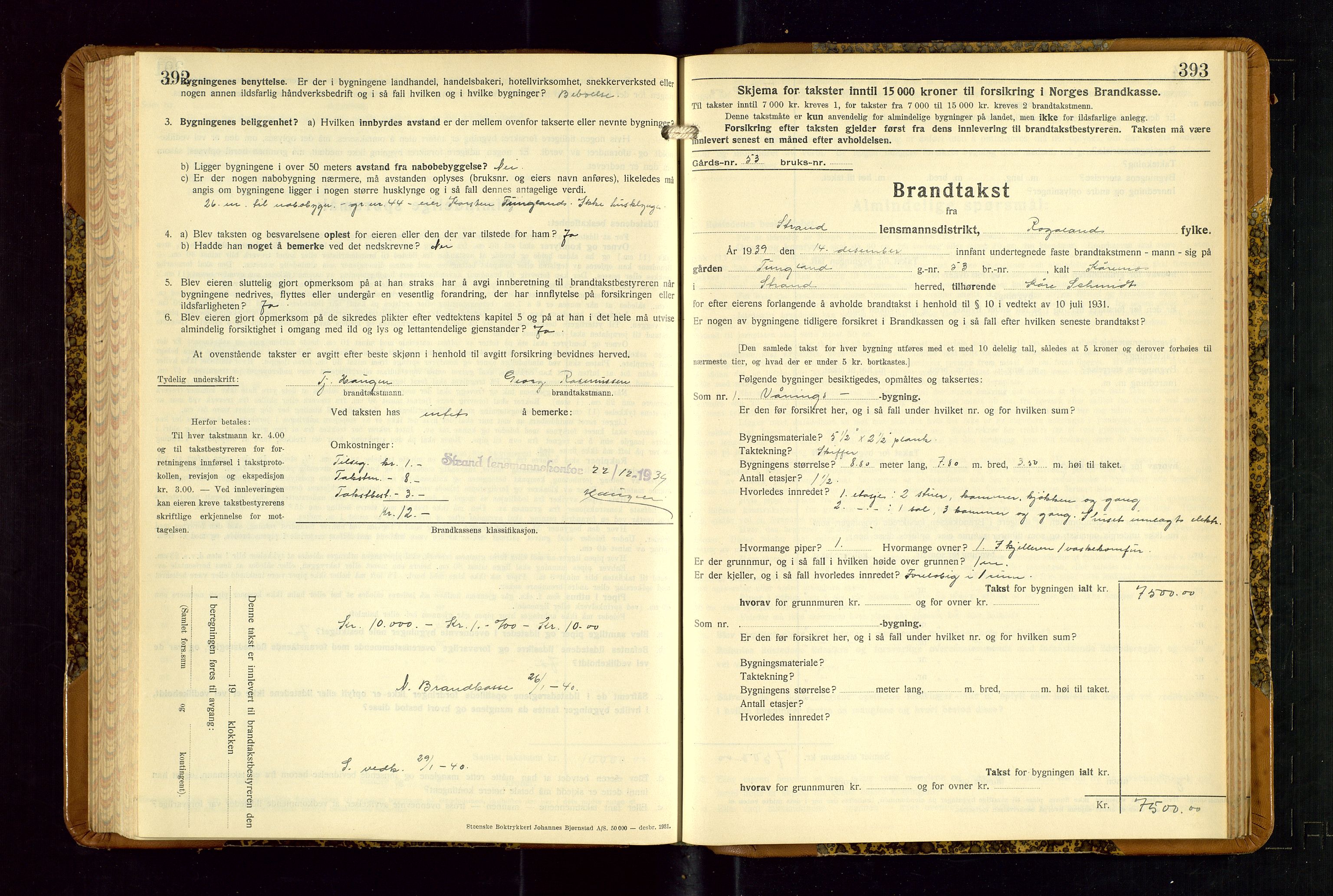 Strand og Forsand lensmannskontor, AV/SAST-A-100451/Gob/L0001: Branntakstprotokoll, 1935-1942, p. 392-393