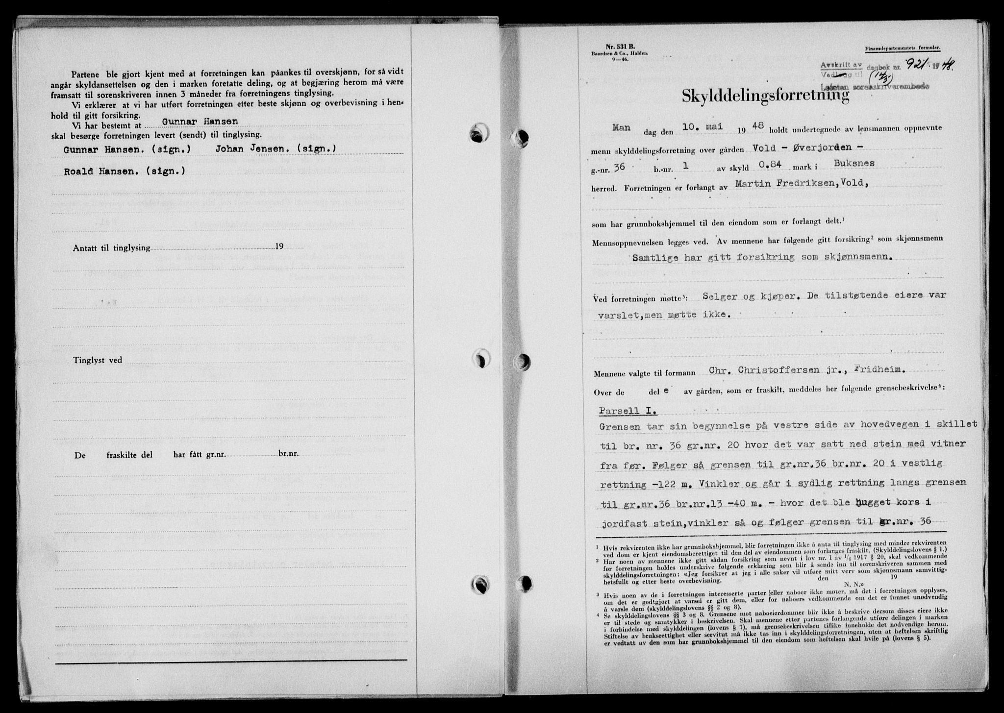 Lofoten sorenskriveri, SAT/A-0017/1/2/2C/L0018a: Mortgage book no. 18a, 1948-1948, Diary no: : 921/1948