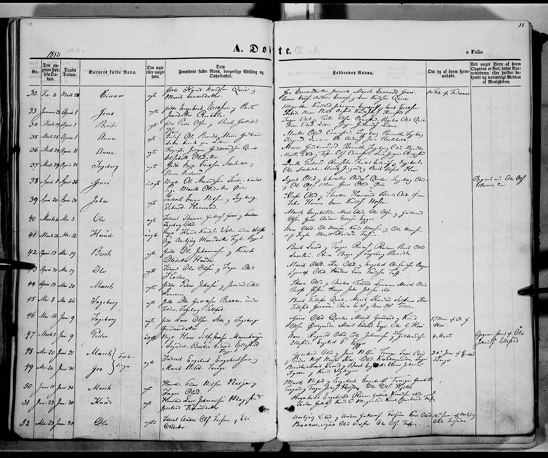 Vestre Slidre prestekontor, AV/SAH-PREST-136/H/Ha/Haa/L0001: Parish register (official) no. 1, 1844-1855, p. 38