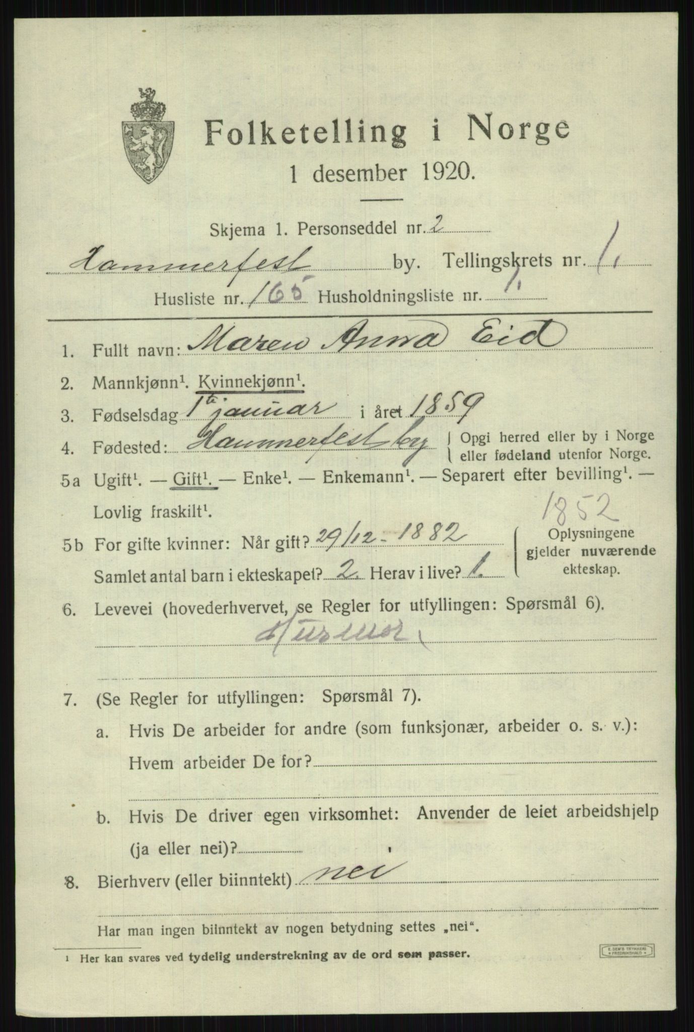 SATØ, 1920 census for Hammerfest, 1920, p. 4759