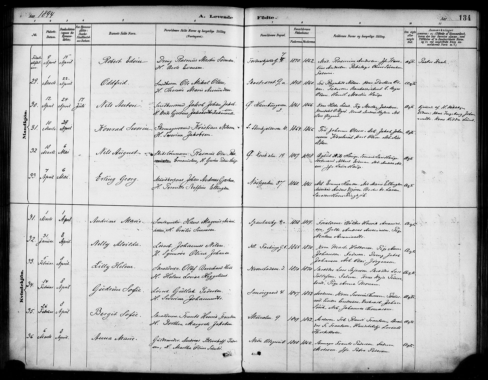 Korskirken sokneprestembete, AV/SAB-A-76101/H/Haa/L0022: Parish register (official) no. B 8, 1889-1899, p. 134