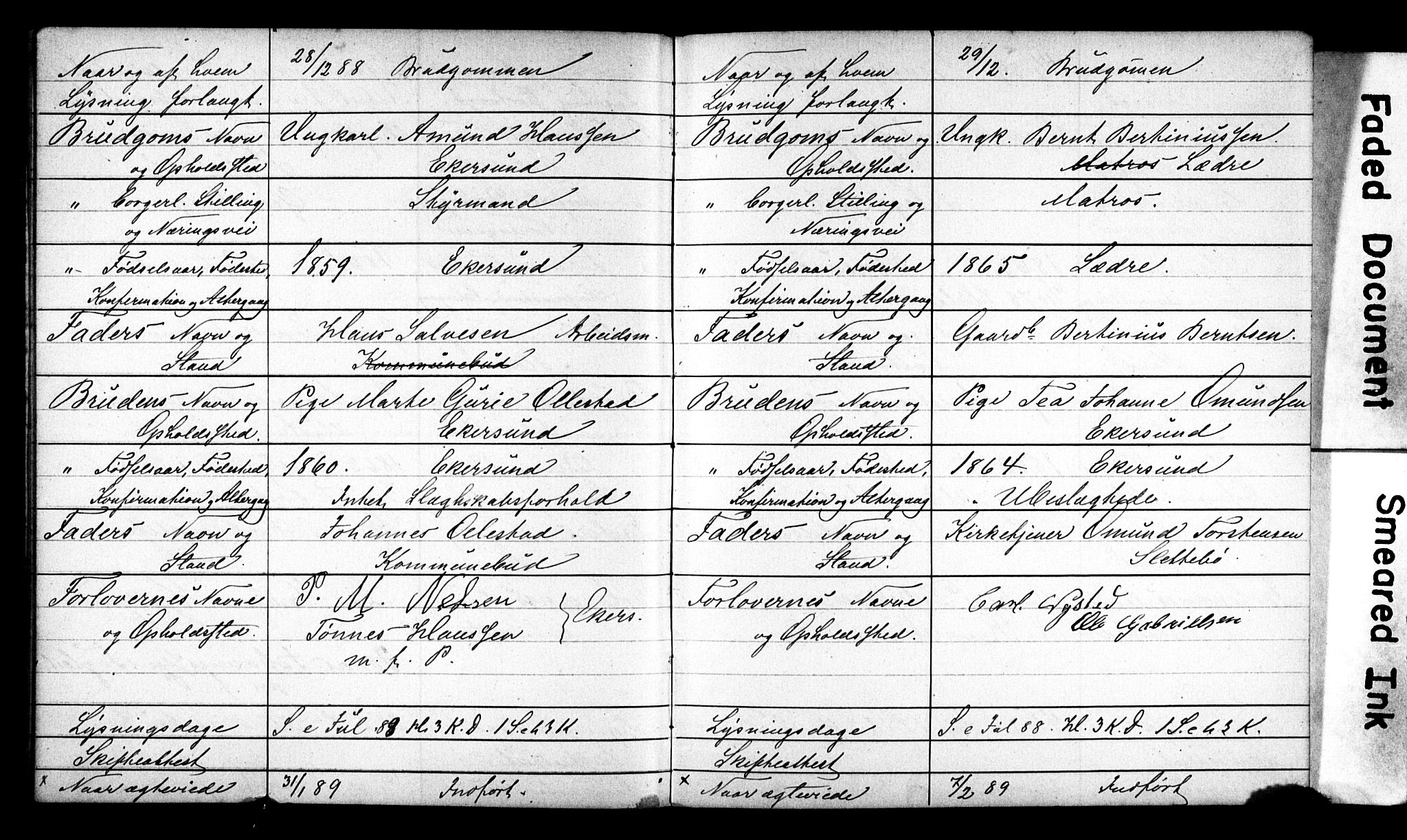 Eigersund sokneprestkontor, SAST/A-101807/S27/L0001: Banns register no. 1, 1888-1890