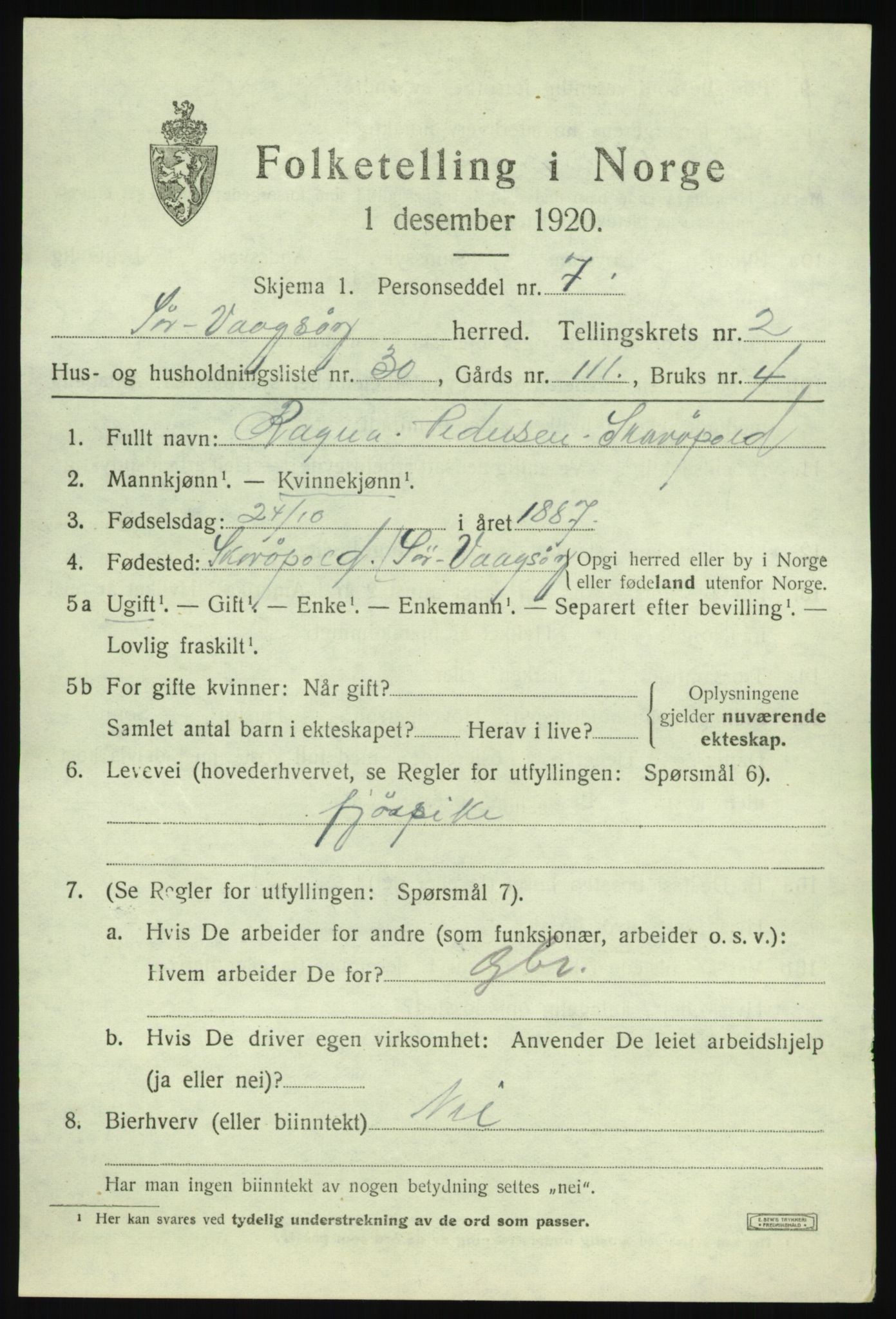 SAB, 1920 census for Sør-Vågsøy, 1920, p. 1494