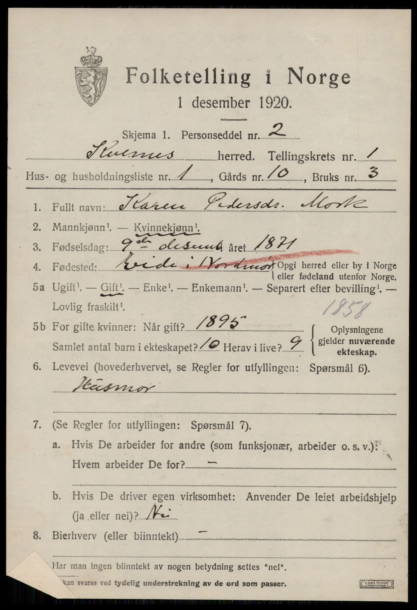 SAT, 1920 census for Kvernes, 1920, p. 285