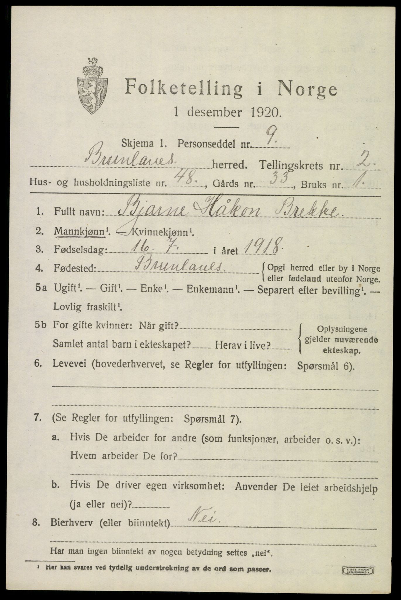 SAKO, 1920 census for Brunlanes, 1920, p. 3817