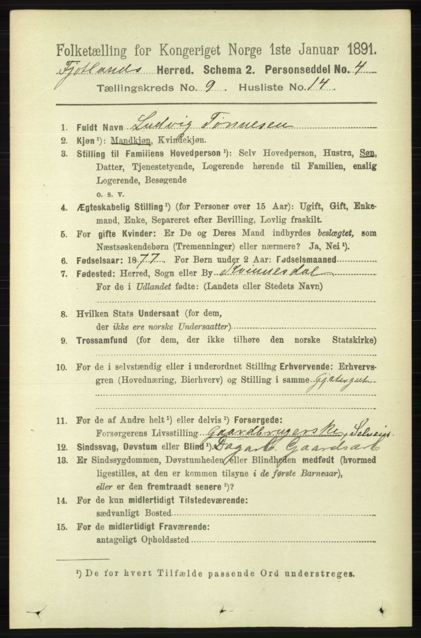 RA, 1891 census for 1036 Fjotland, 1891, p. 1379