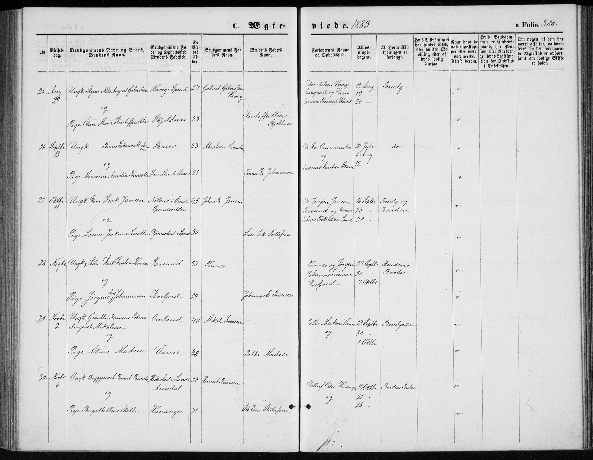 Lista sokneprestkontor, AV/SAK-1111-0027/F/Fb/L0004: Parish register (copy) no. B 4, 1877-1891, p. 380