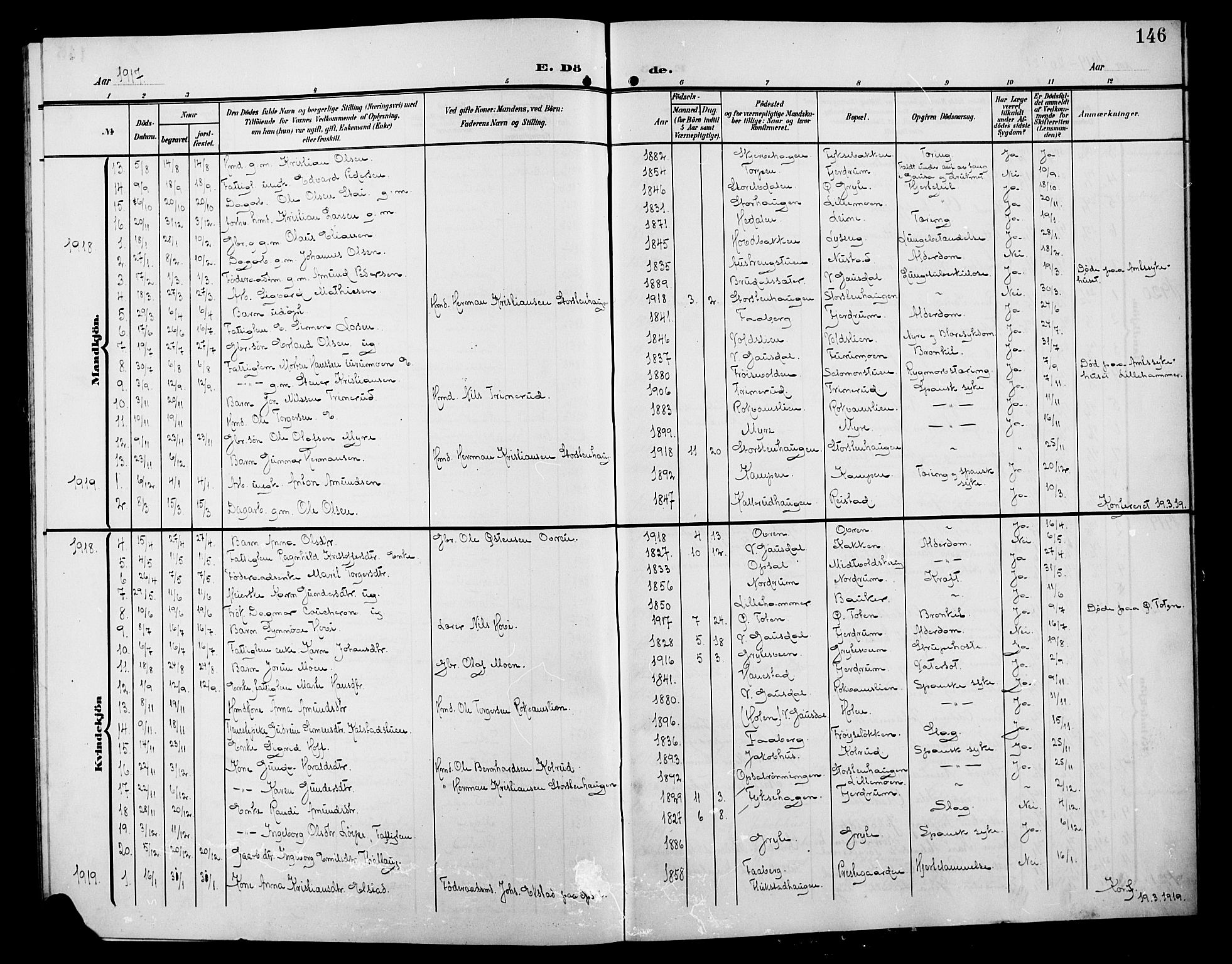 Østre Gausdal prestekontor, AV/SAH-PREST-092/H/Ha/Hab/L0004: Parish register (copy) no. 4, 1905-1923, p. 146