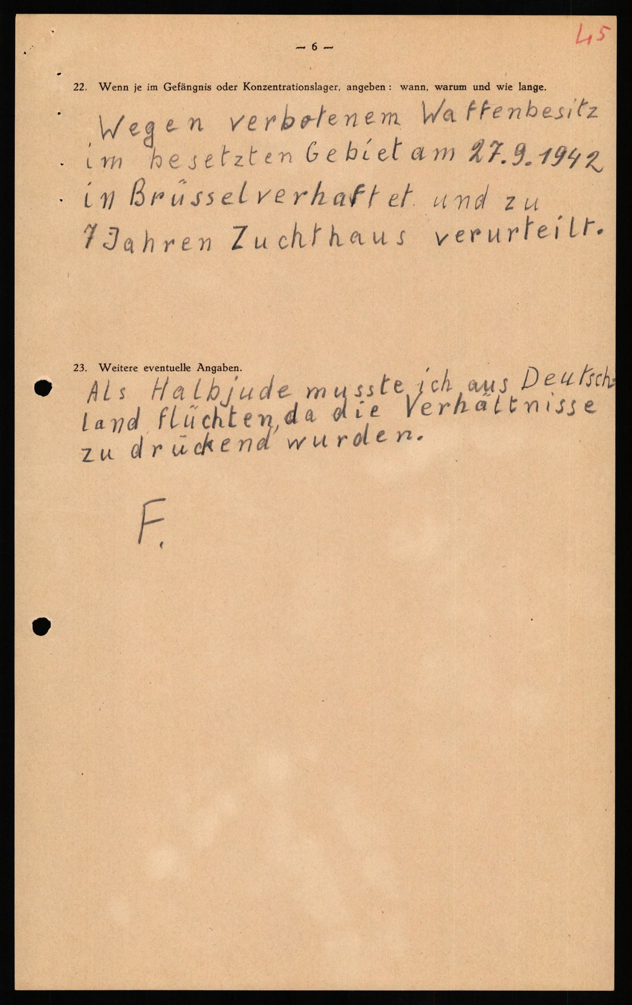 Forsvaret, Forsvarets overkommando II, RA/RAFA-3915/D/Db/L0020: CI Questionaires. Tyske okkupasjonsstyrker i Norge. Tyskere., 1945-1946, p. 266