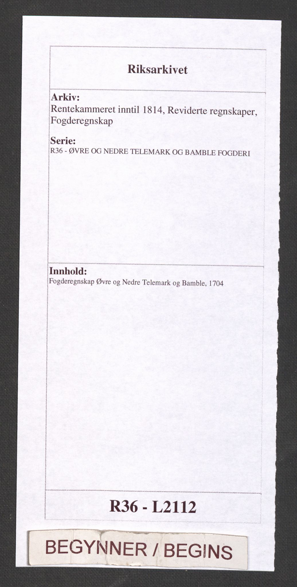 Rentekammeret inntil 1814, Reviderte regnskaper, Fogderegnskap, AV/RA-EA-4092/R36/L2112: Fogderegnskap Øvre og Nedre Telemark og Bamble, 1704, p. 1