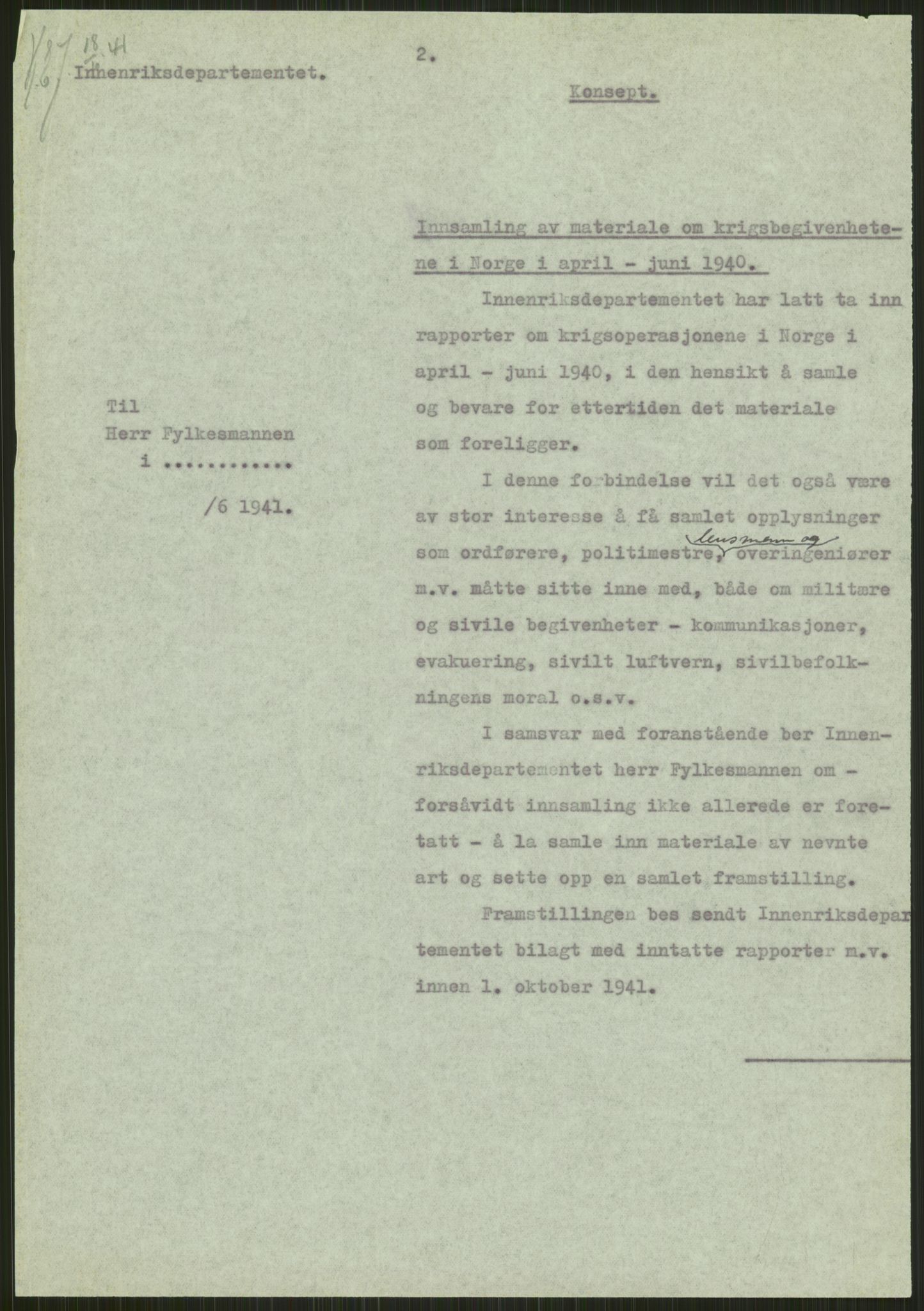 Forsvaret, Forsvarets krigshistoriske avdeling, AV/RA-RAFA-2017/Y/Ya/L0013: II-C-11-31 - Fylkesmenn.  Rapporter om krigsbegivenhetene 1940., 1940, p. 3