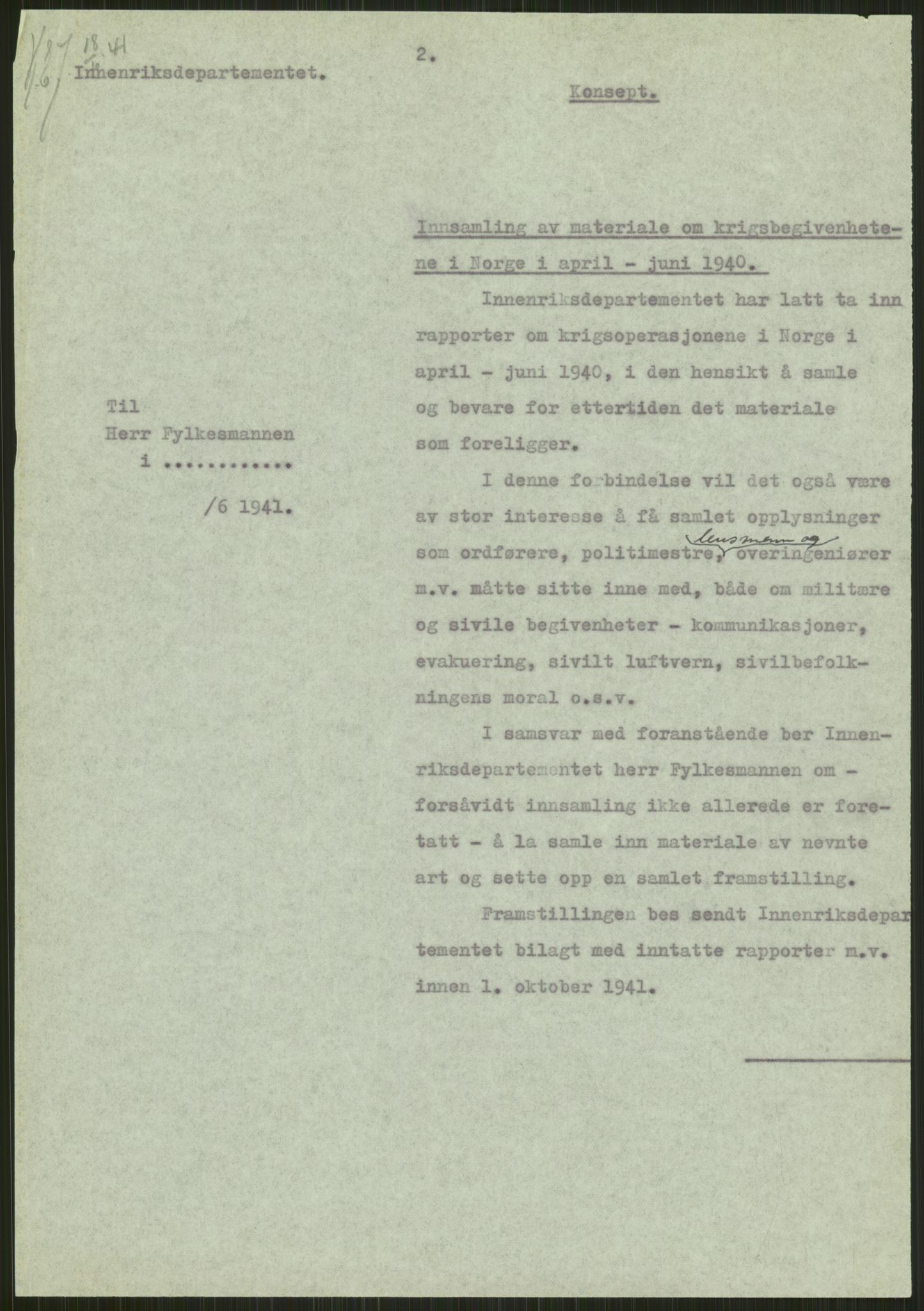 Forsvaret, Forsvarets krigshistoriske avdeling, RA/RAFA-2017/Y/Ya/L0013: II-C-11-31 - Fylkesmenn.  Rapporter om krigsbegivenhetene 1940., 1940, p. 3