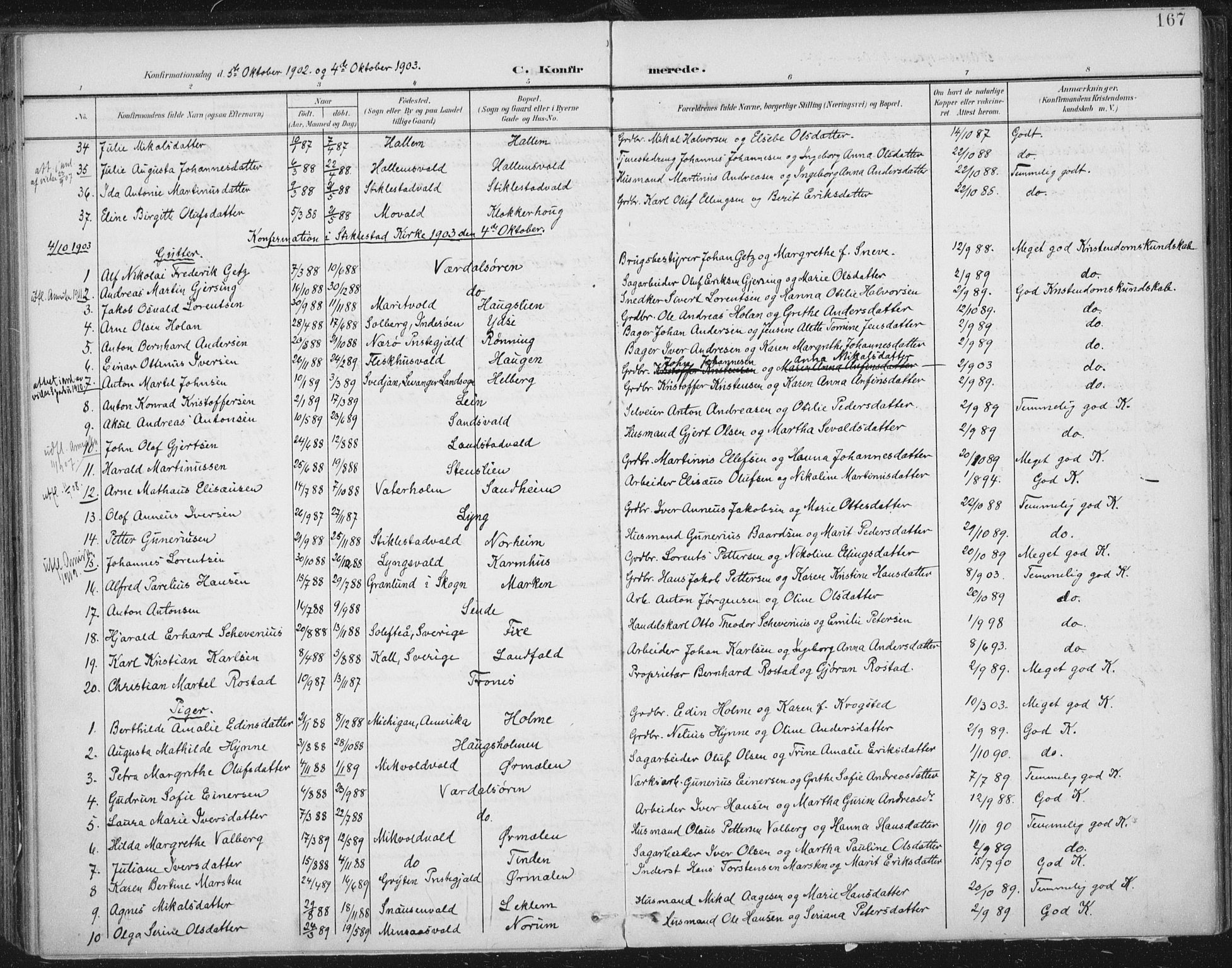 Ministerialprotokoller, klokkerbøker og fødselsregistre - Nord-Trøndelag, SAT/A-1458/723/L0246: Parish register (official) no. 723A15, 1900-1917, p. 167