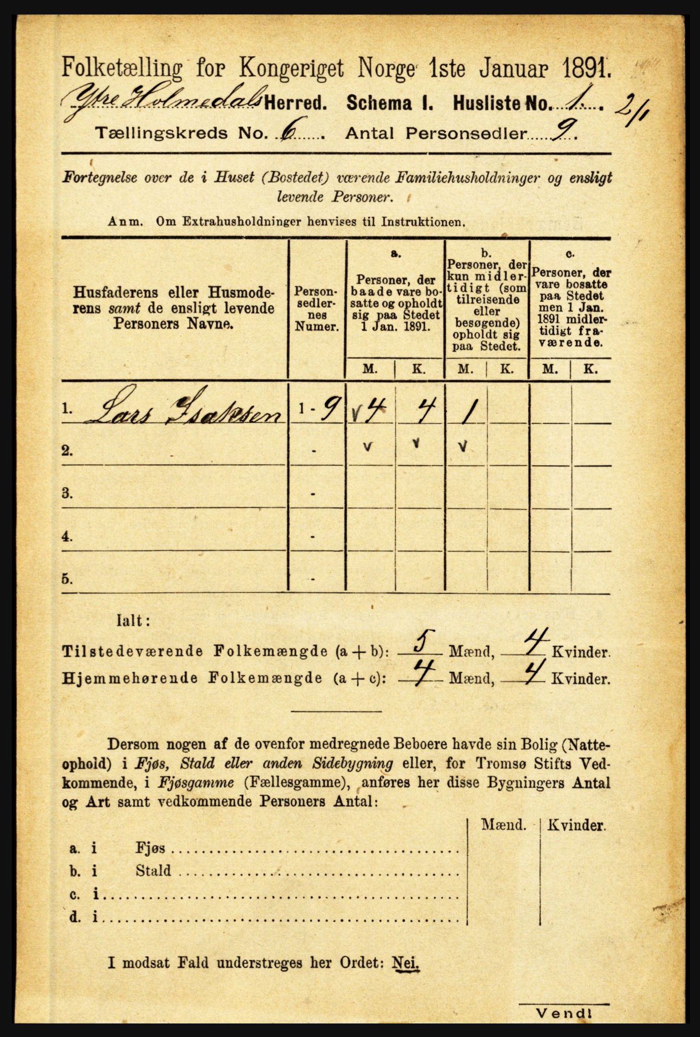 RA, 1891 census for 1429 Ytre Holmedal, 1891, p. 1288