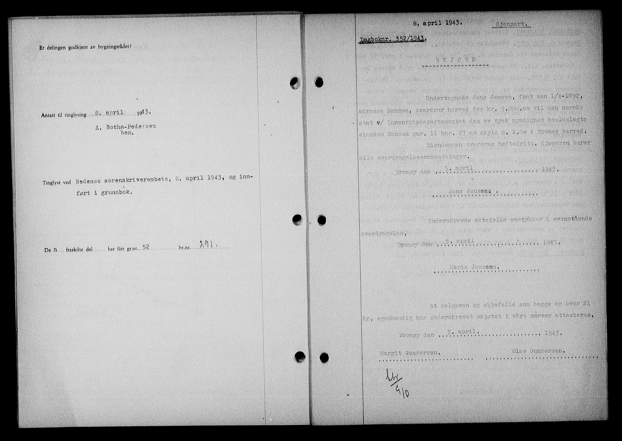 Nedenes sorenskriveri, SAK/1221-0006/G/Gb/Gba/L0050: Mortgage book no. A-IV, 1942-1943, Diary no: : 352/1943