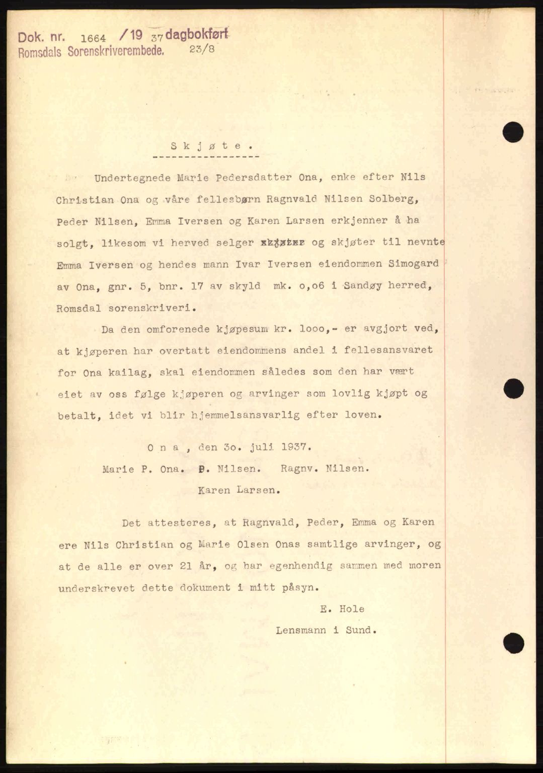 Romsdal sorenskriveri, SAT/A-4149/1/2/2C: Mortgage book no. A3, 1937-1937, Diary no: : 1663/1937