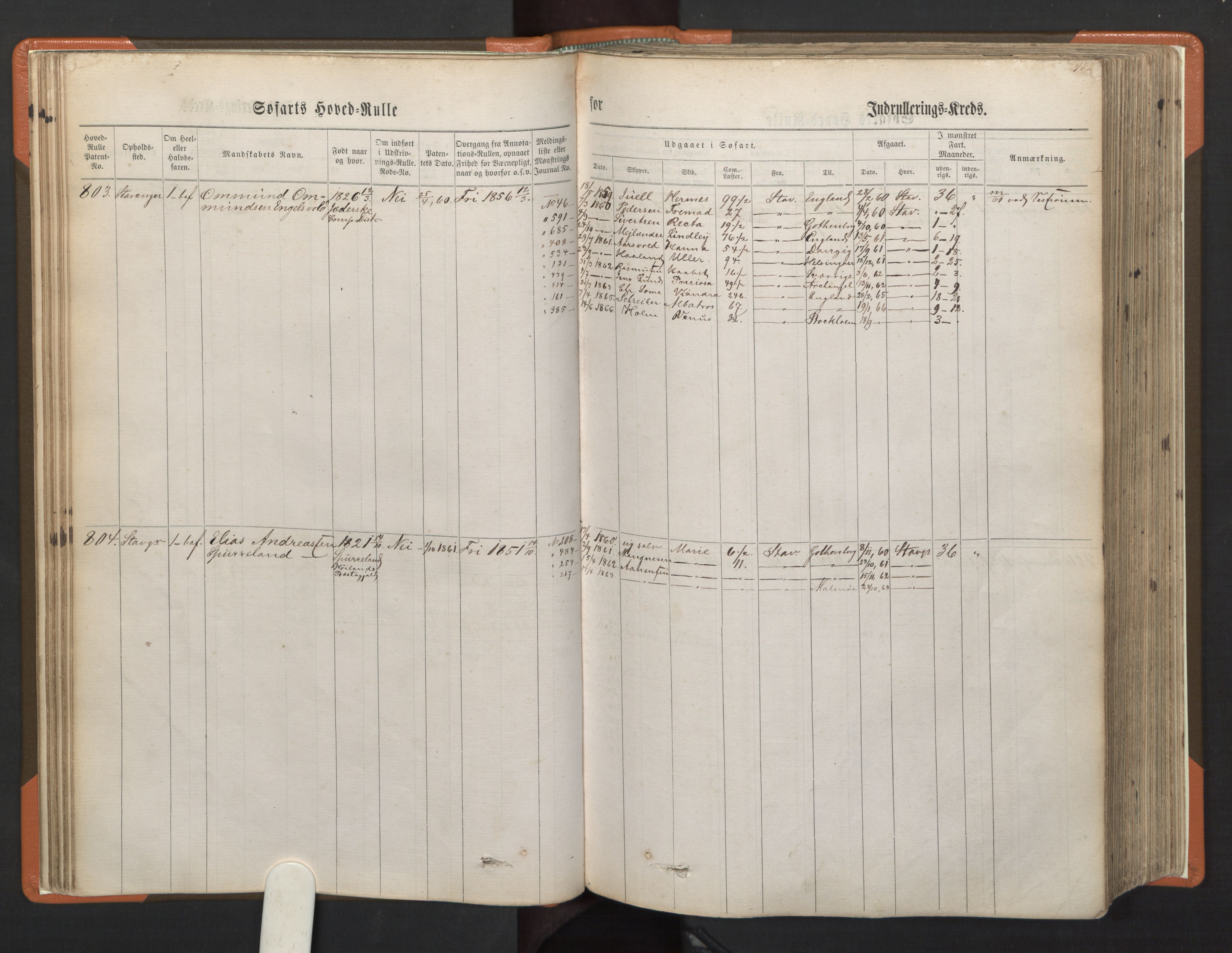 Stavanger sjømannskontor, SAST/A-102006/F/Fb/Fbb/L0002: Sjøfartshovedrulle, patentnr. 721-1450 (del 2), 1863, p. 46