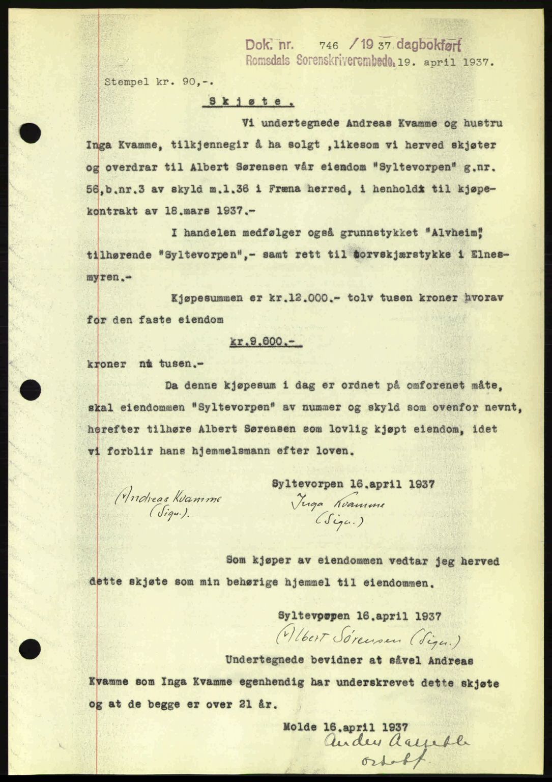 Romsdal sorenskriveri, SAT/A-4149/1/2/2C: Mortgage book no. A3, 1937-1937, Diary no: : 746/1937