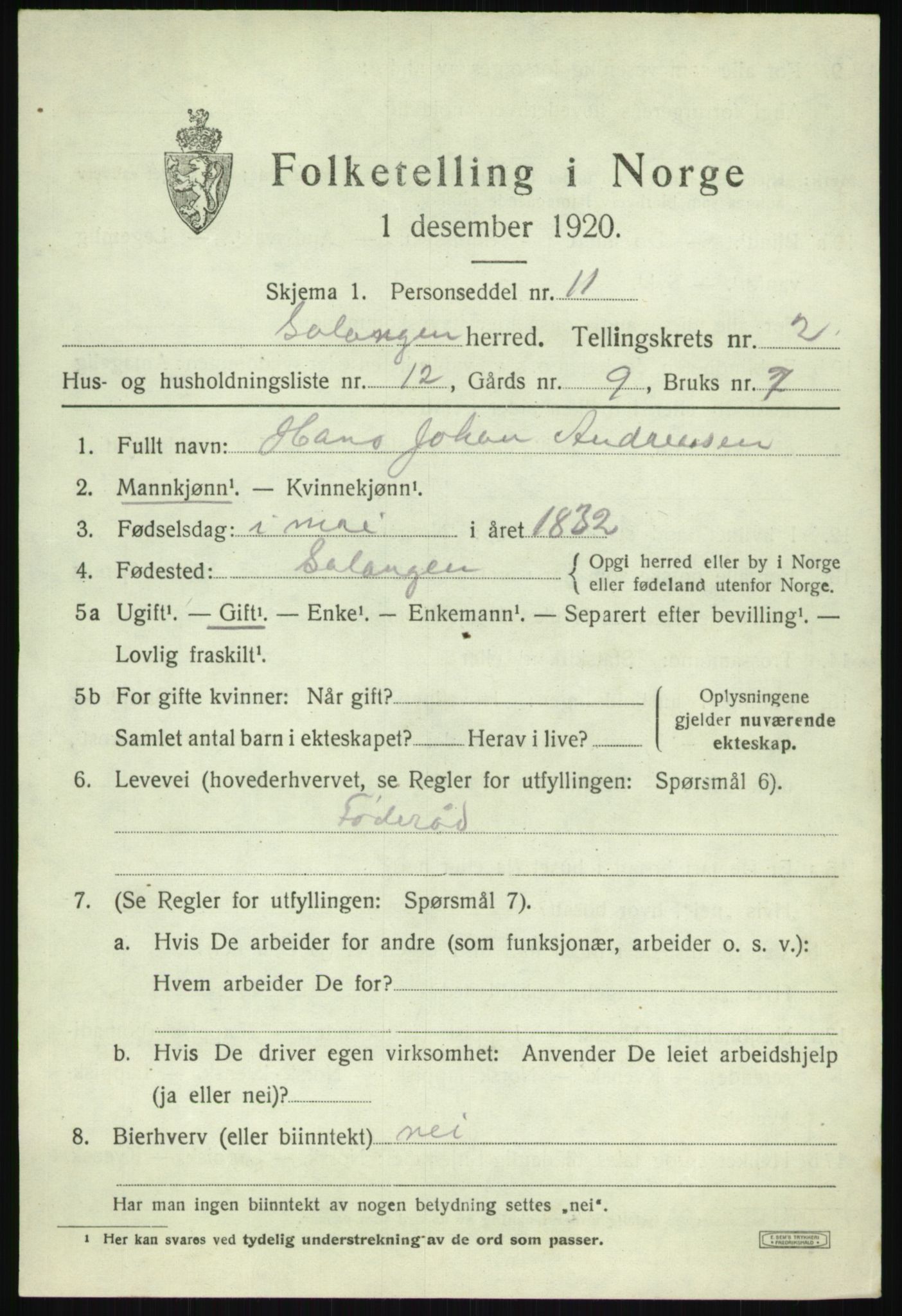 SATØ, 1920 census for Salangen, 1920, p. 1330