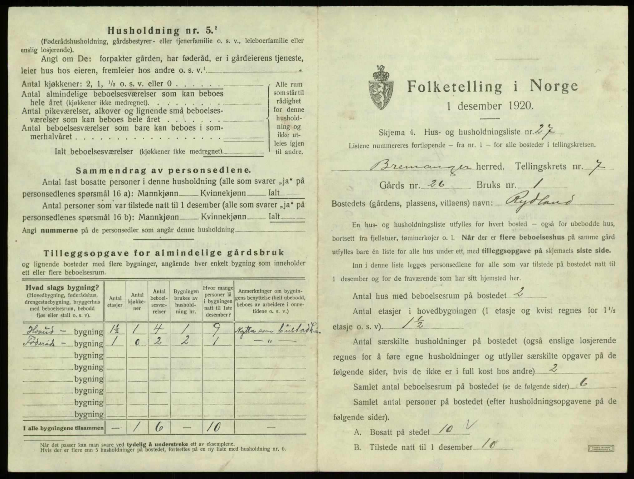 SAB, 1920 census for Bremanger, 1920, p. 617