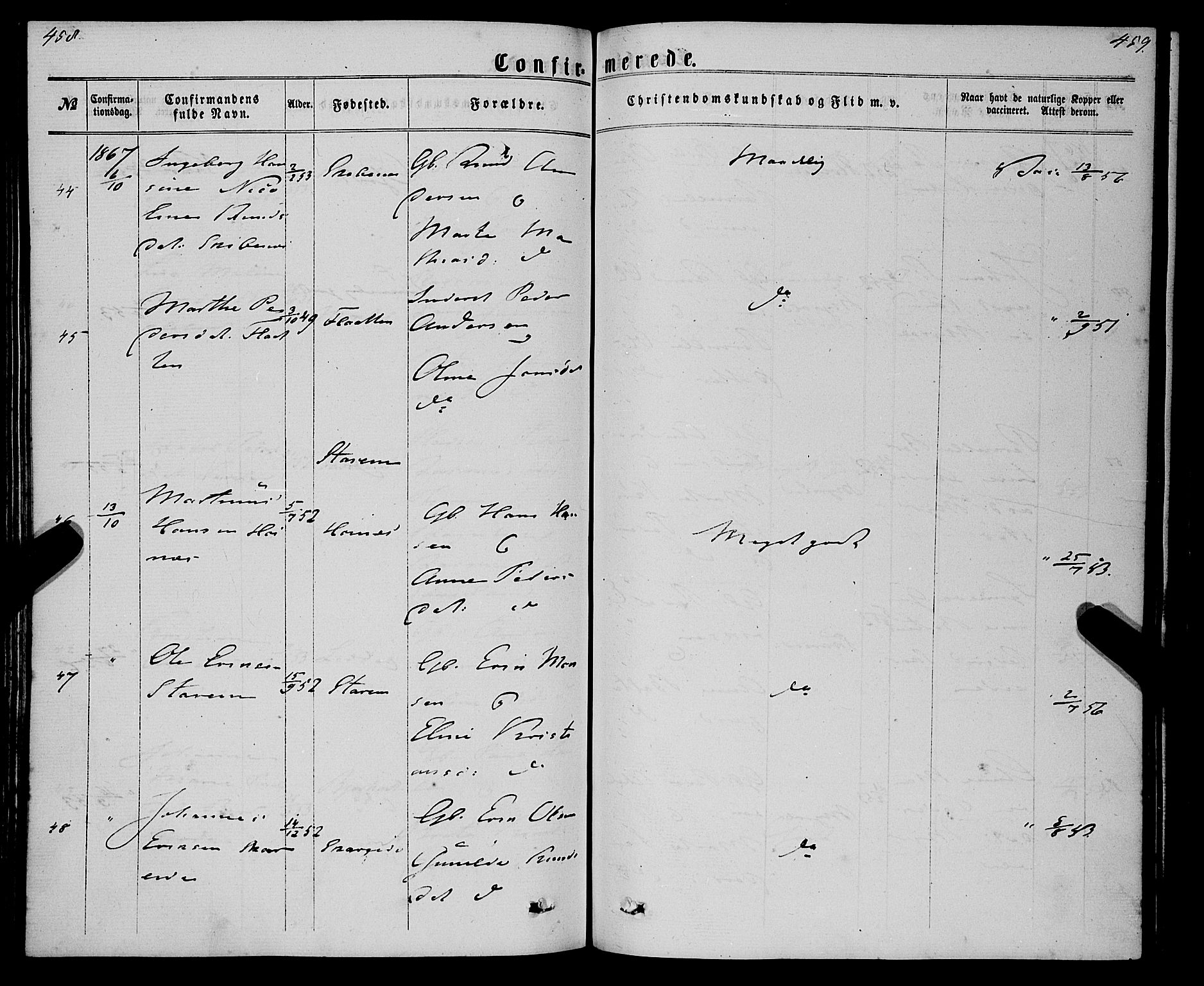 Eid sokneprestembete, AV/SAB-A-82301/H/Haa/Haaa/L0009: Parish register (official) no. A 9, 1861-1868, p. 458-459