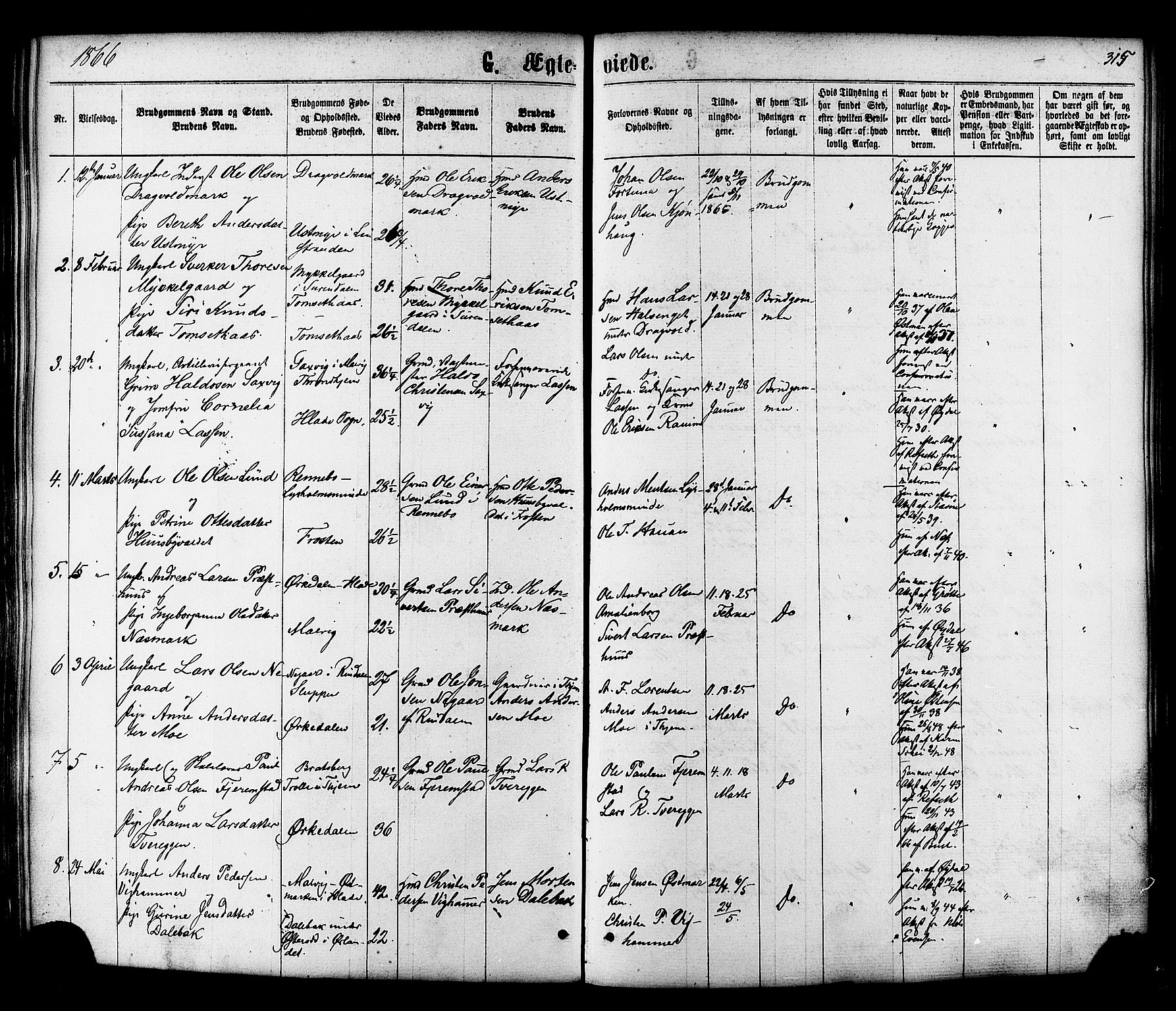 Ministerialprotokoller, klokkerbøker og fødselsregistre - Sør-Trøndelag, SAT/A-1456/606/L0293: Parish register (official) no. 606A08, 1866-1877, p. 315